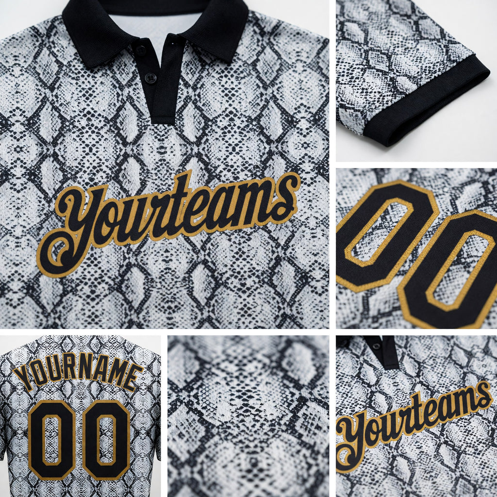 Custom Black Old Gold 3D Pattern Design Snakeskin Performance Golf Polo Shirt detail