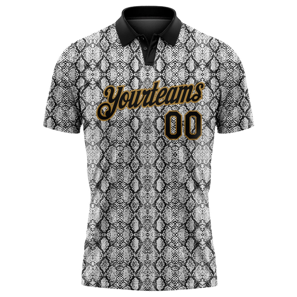 Custom Black Old Gold 3D Pattern Design Snakeskin Performance Golf Polo Shirt photo 1