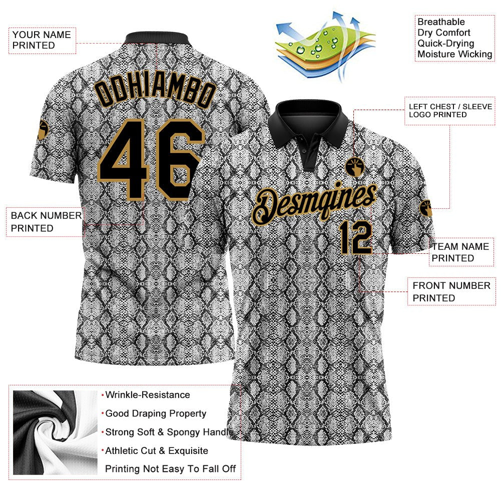 Custom Black Old Gold 3D Pattern Design Snakeskin Performance Golf Polo Shirt photo 2
