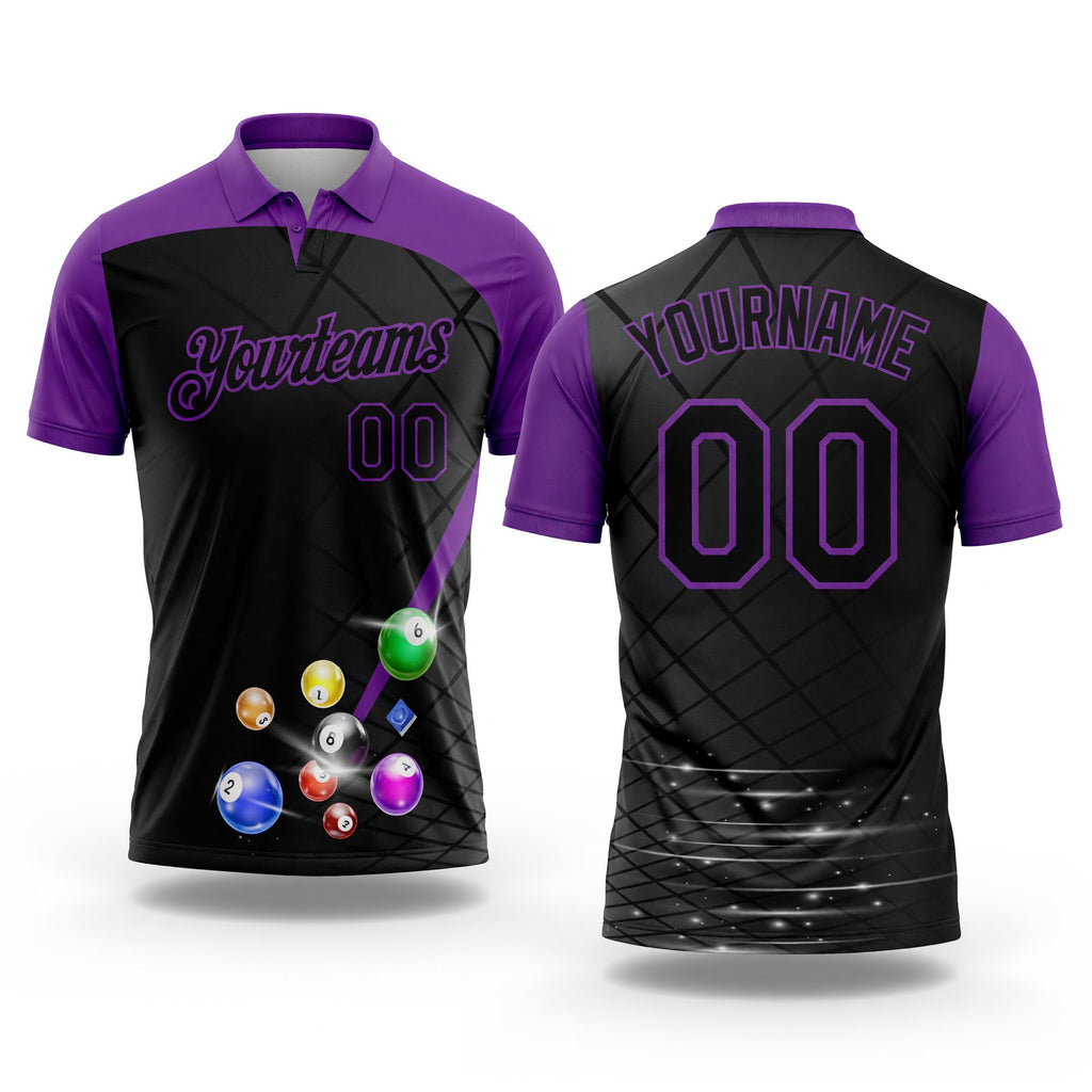 Custom Black Purple 3D Pattern Design Billiards Performance Polo Shirt