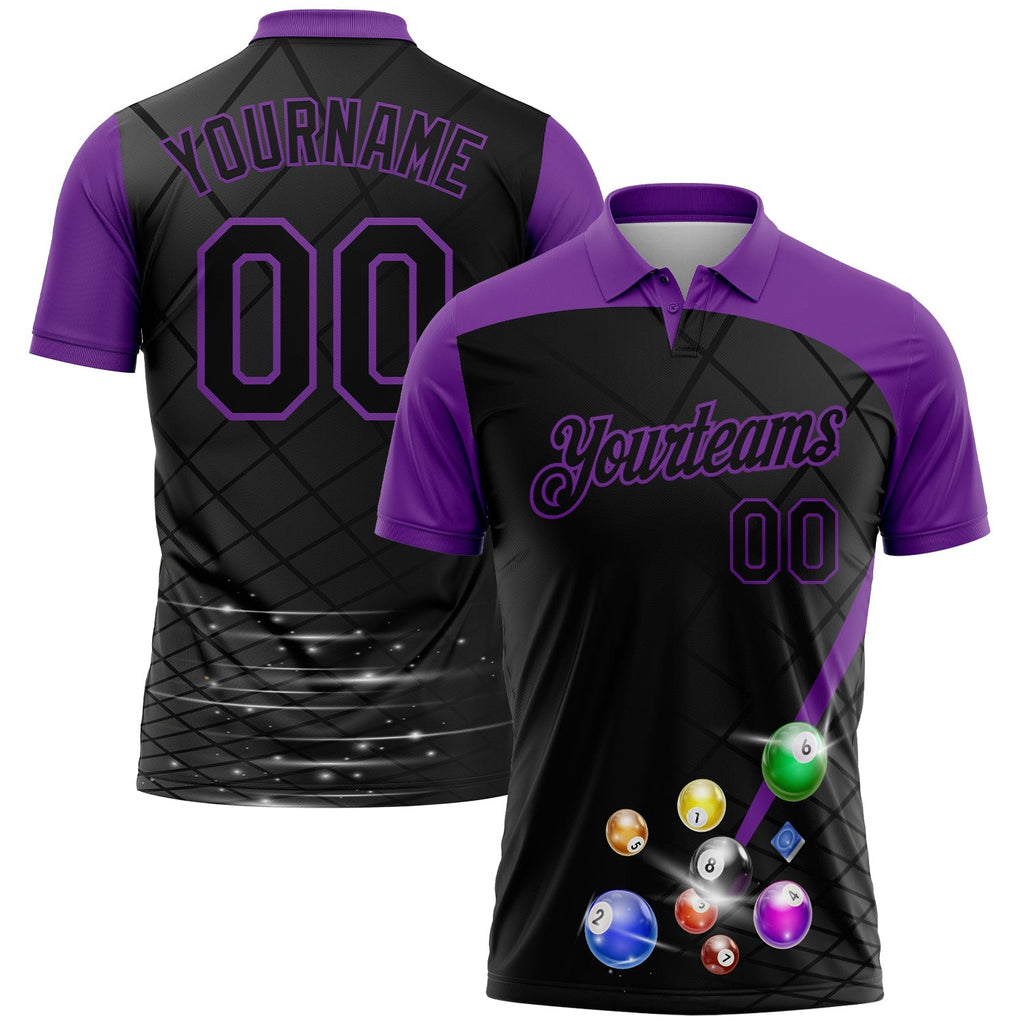 Custom Black Purple 3D Pattern Design Billiards Performance Polo Shirt photo 1