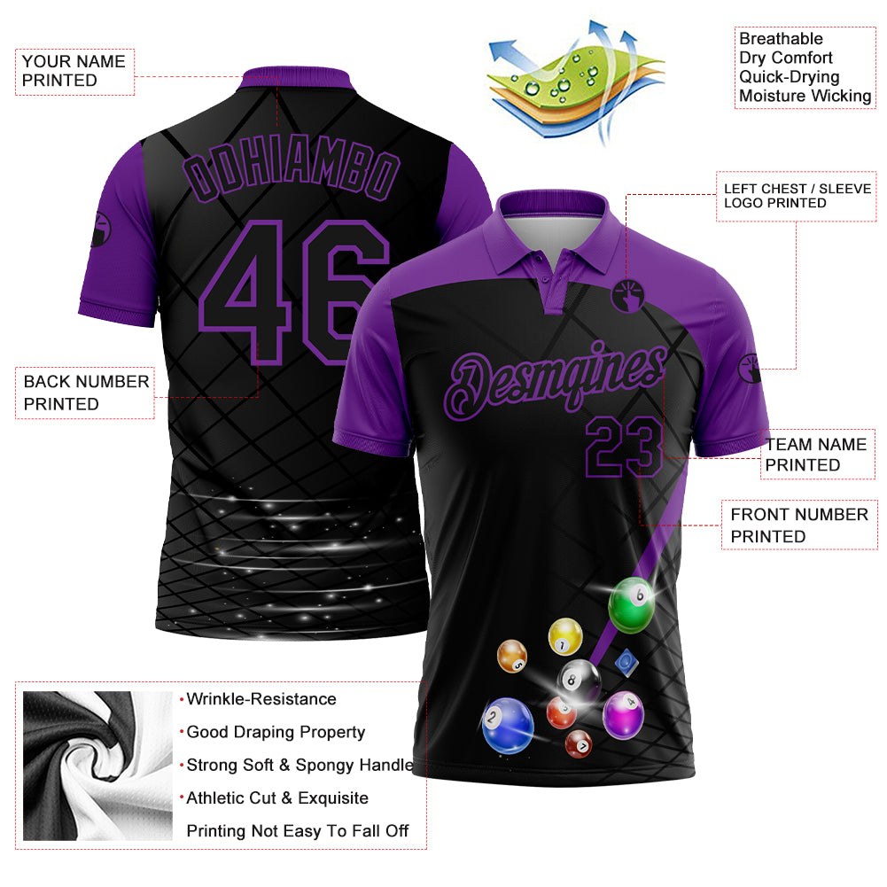 Custom Black Purple 3D Pattern Design Billiards Performance Polo Shirt photo 2