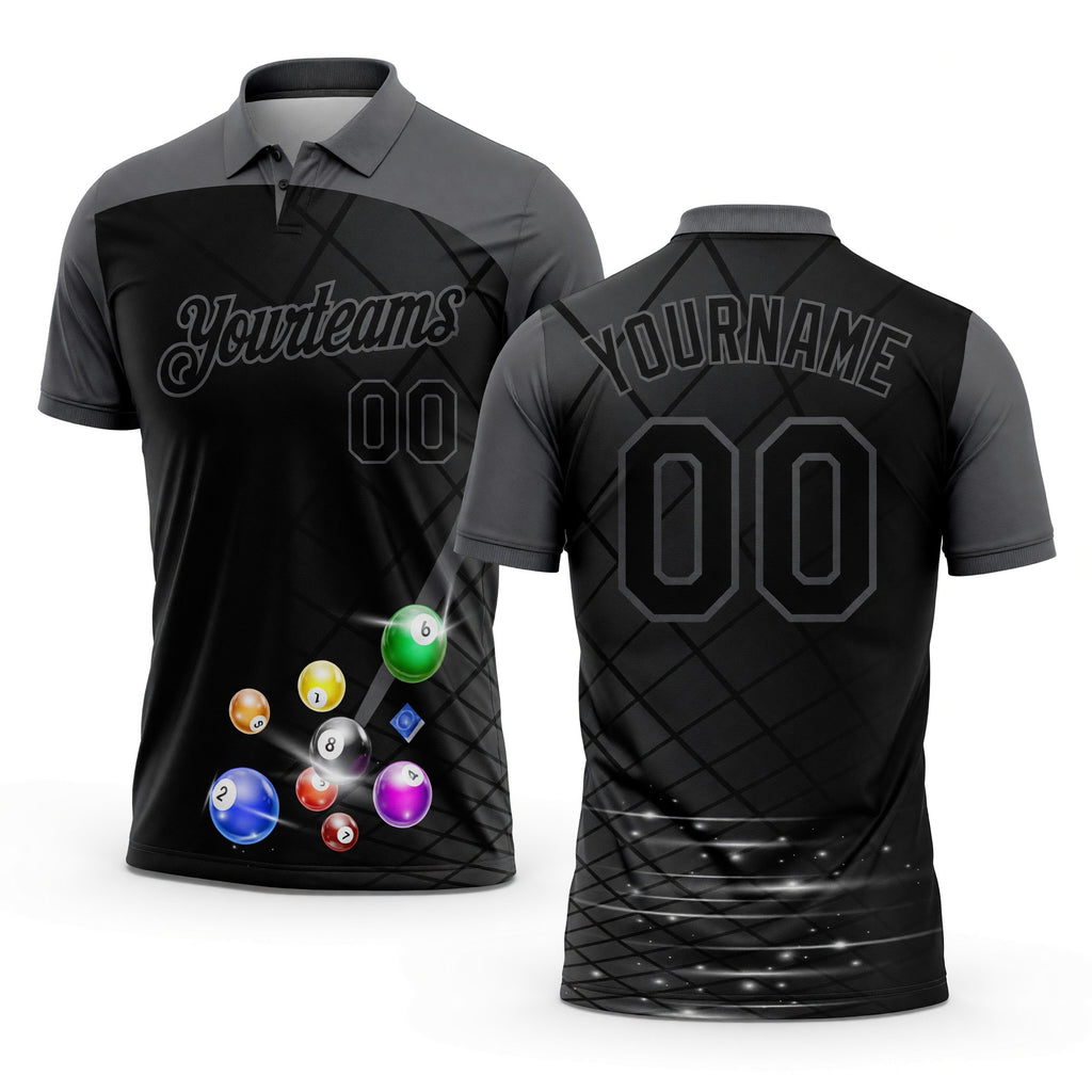 Custom Black Gray 3D Pattern Design Billiards Performance Polo Shirt