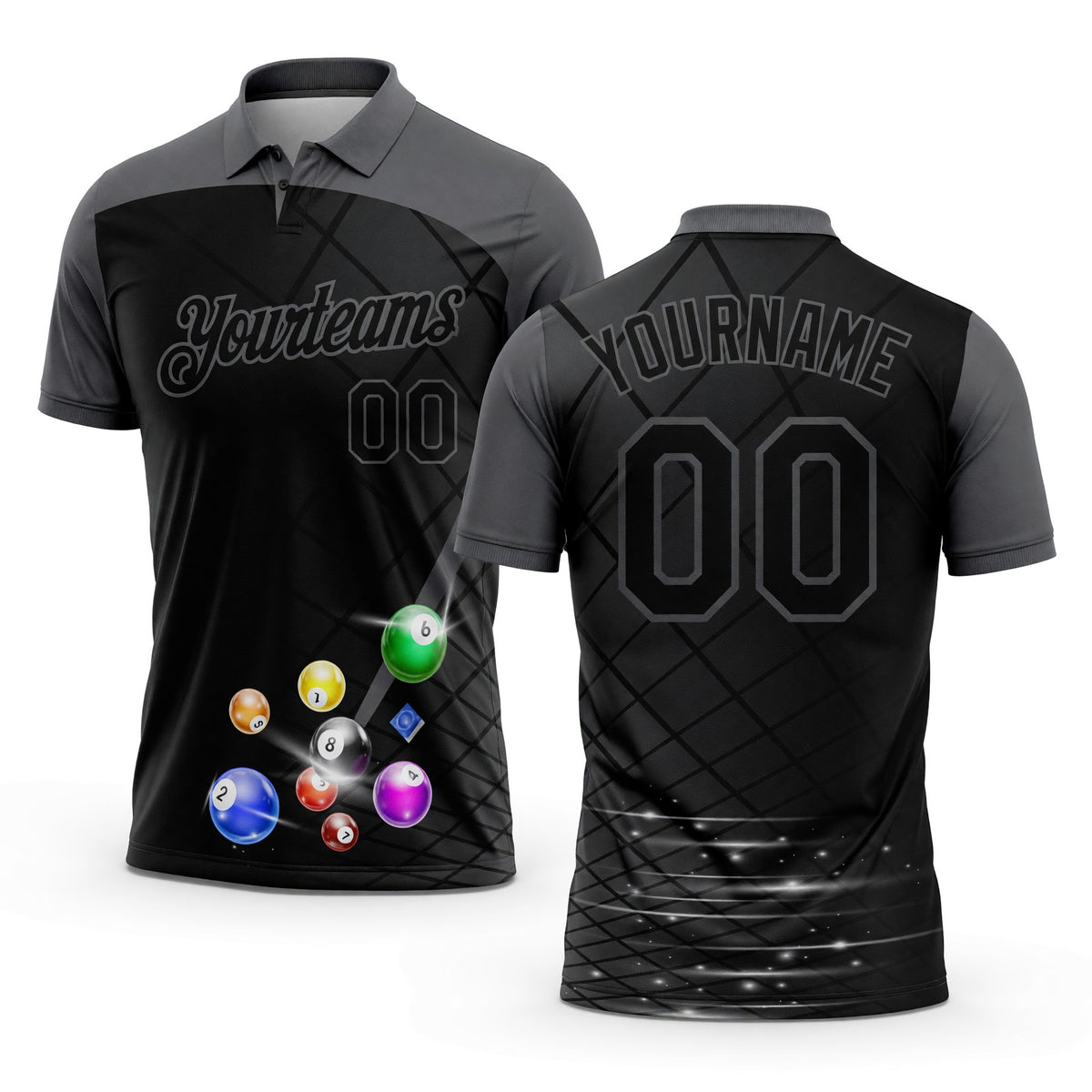 Custom Black Gray 3D Pattern Design Billiards Performance Polo Shirt