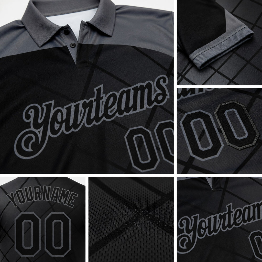 Custom Black Gray 3D Pattern Design Billiards Performance Polo Shirt detail