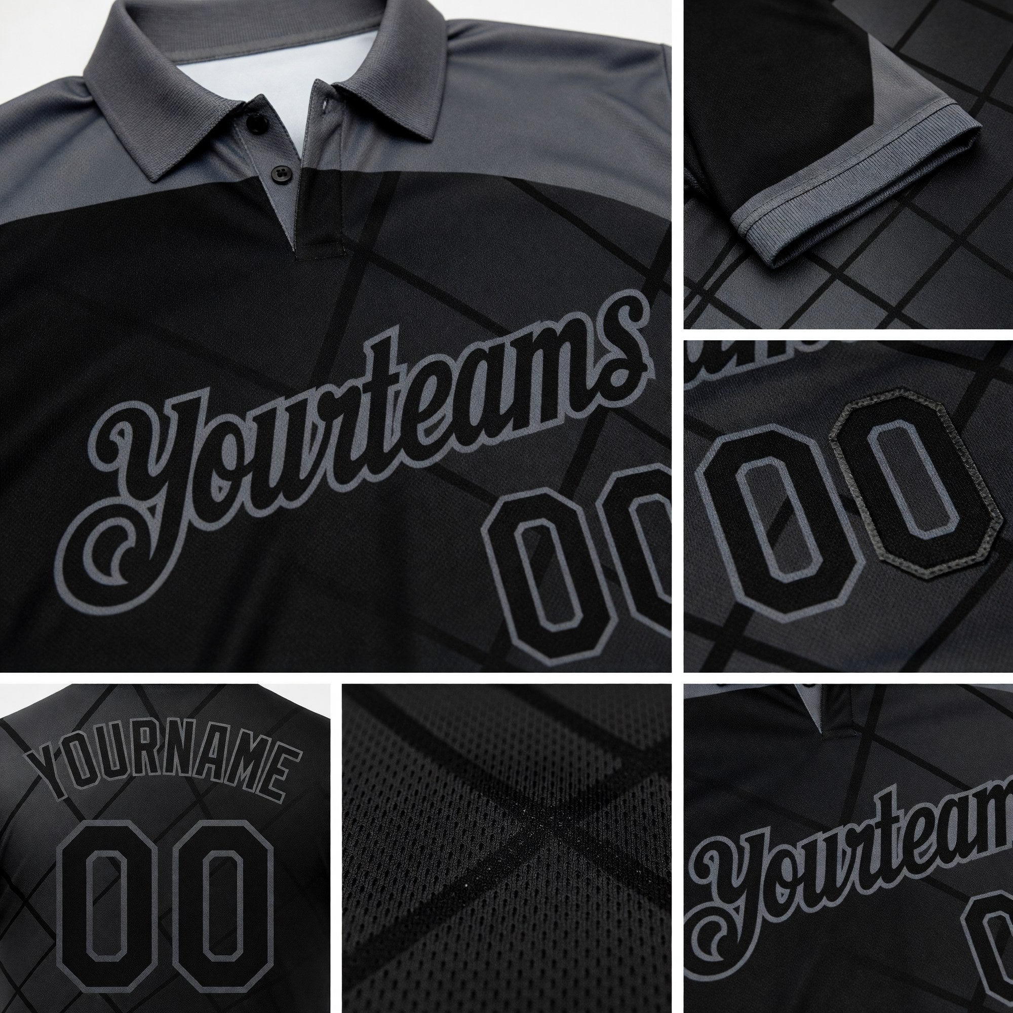Custom Black Gray 3D Pattern Design Billiards Performance Polo Shirt detail