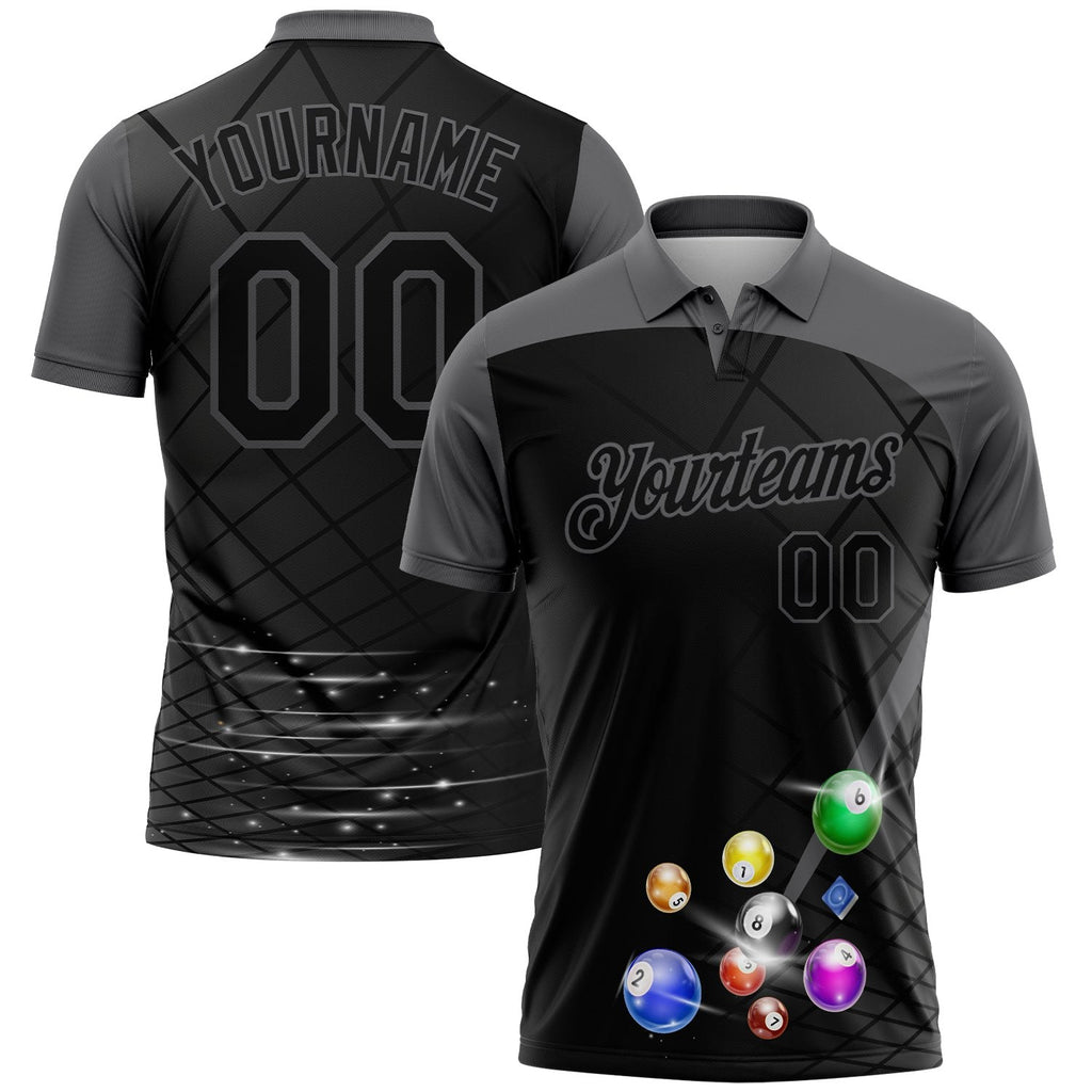 Custom Black Gray 3D Pattern Design Billiards Performance Polo Shirt photo 1