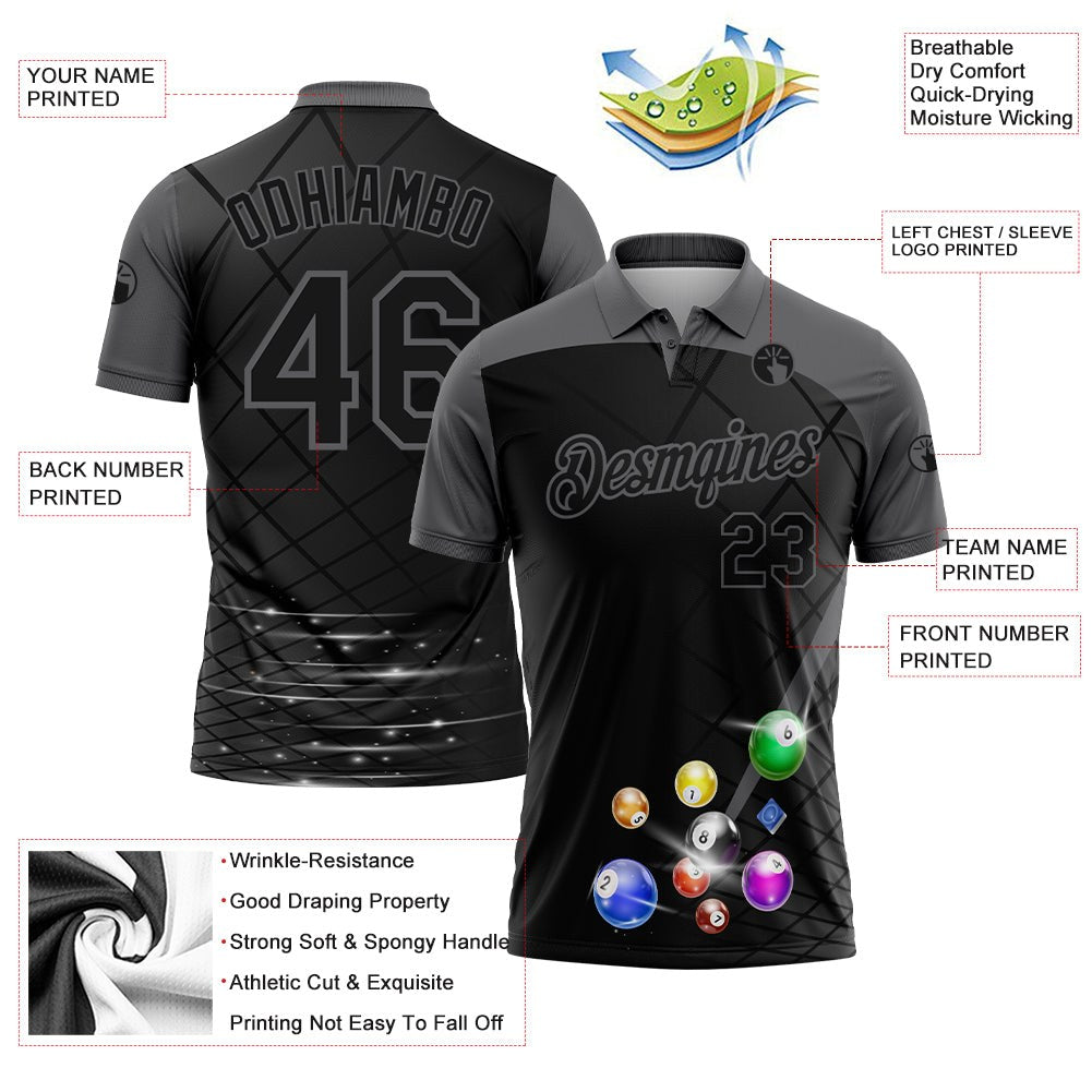 Custom Black Gray 3D Pattern Design Billiards Performance Polo Shirt photo 2