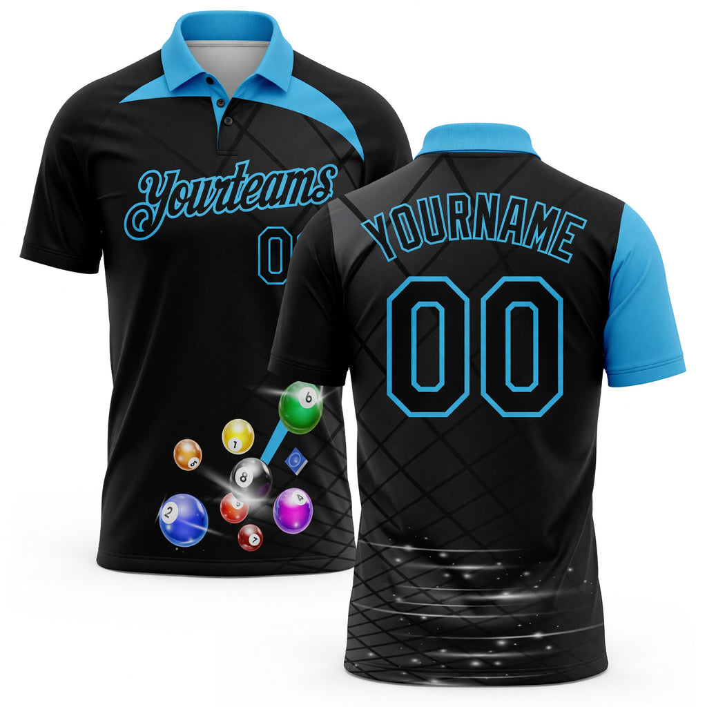 Custom Black Sky Blue 3D Pattern Design Billiards Performance Polo Shirt