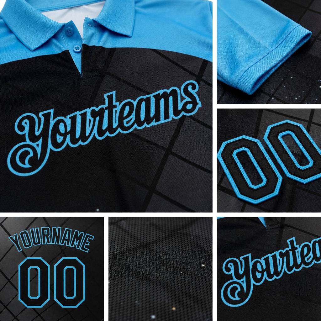 Custom Black Sky Blue 3D Pattern Design Billiards Performance Polo Shirt detail