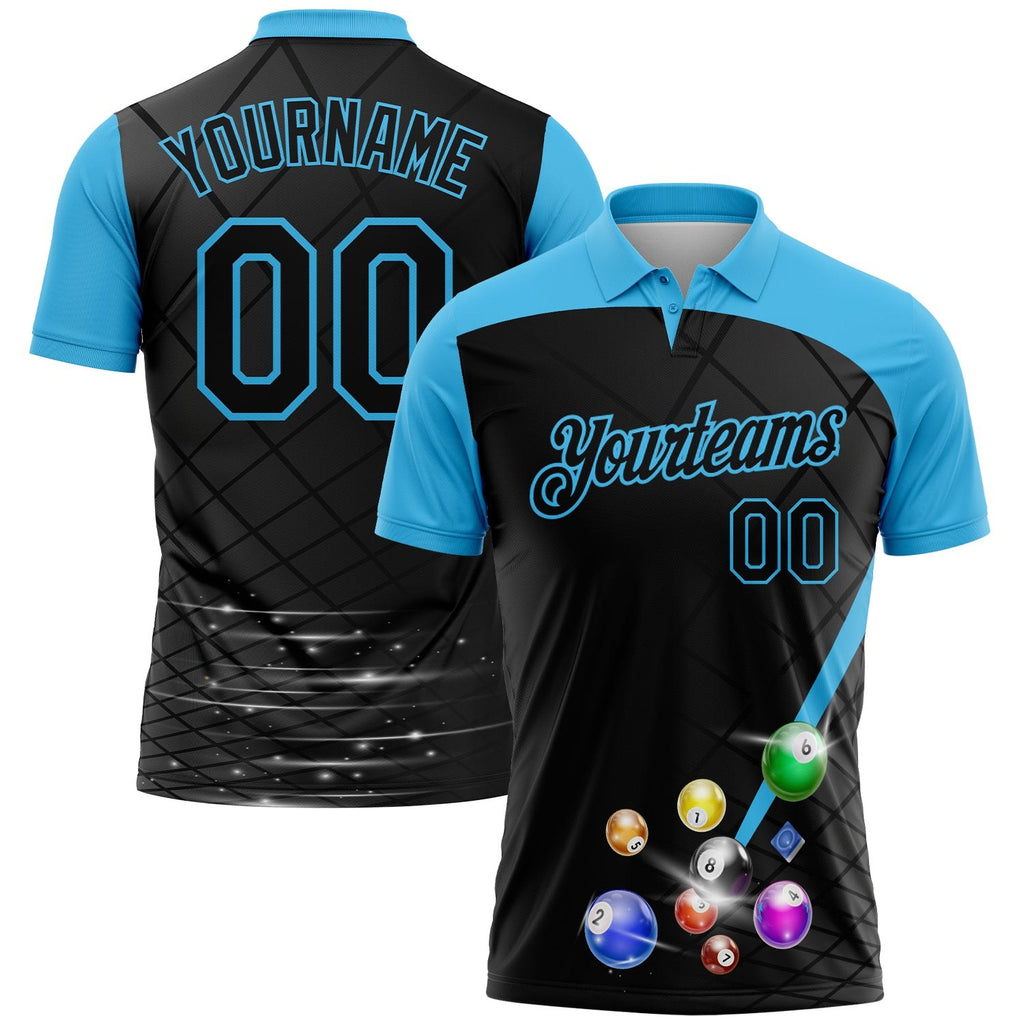 Custom Black Sky Blue 3D Pattern Design Billiards Performance Polo Shirt photo 1