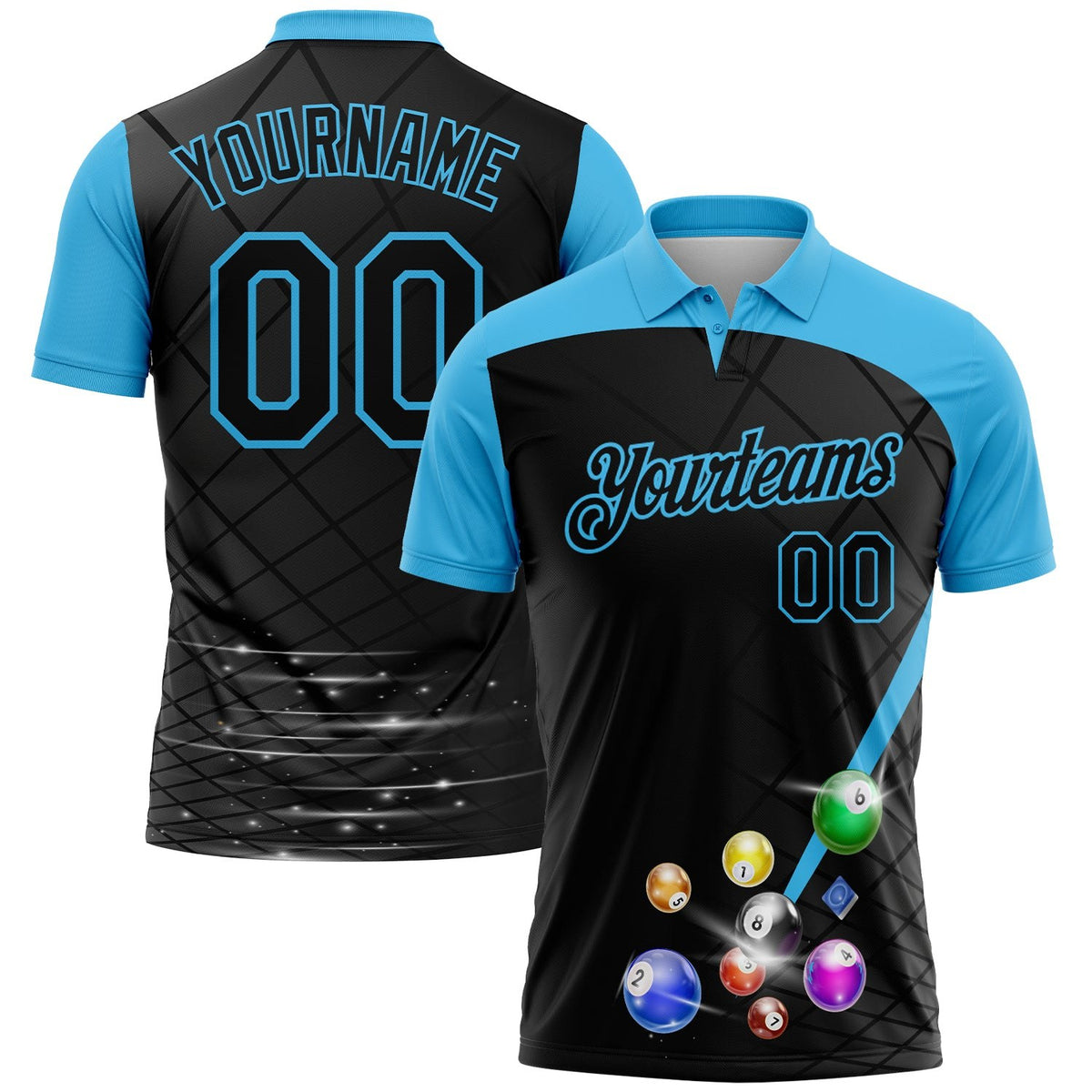 Custom Black Sky Blue 3D Pattern Design Billiards Performance Polo Shirt photo 1