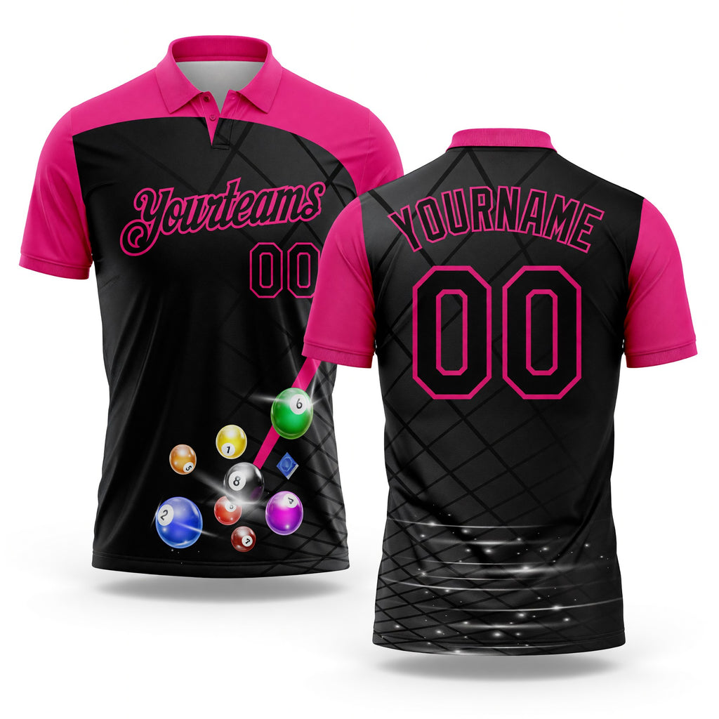 Custom Black Hot Pink 3D Pattern Design Billiards Performance Polo Shirt