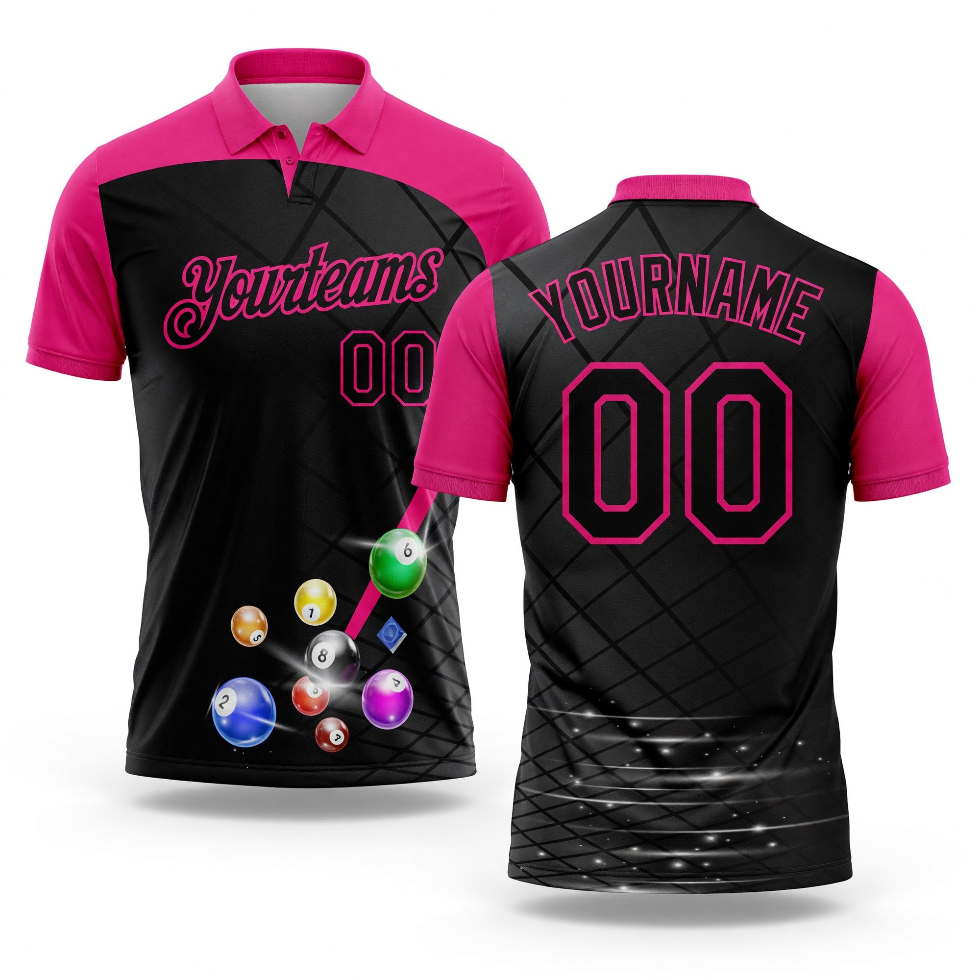 Custom Black Hot Pink 3D Pattern Design Billiards Performance Polo Shirt