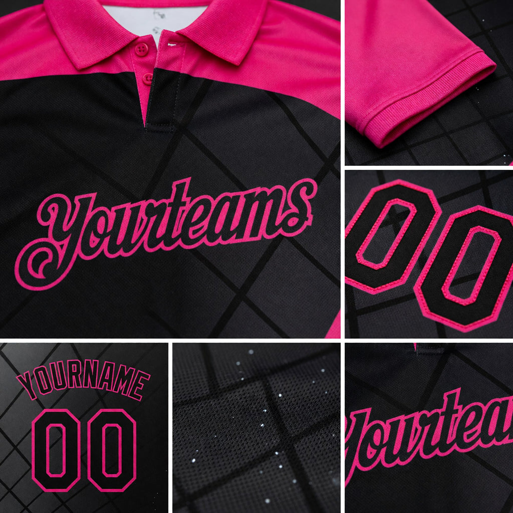 Custom Black Hot Pink 3D Pattern Design Billiards Performance Polo Shirt detail