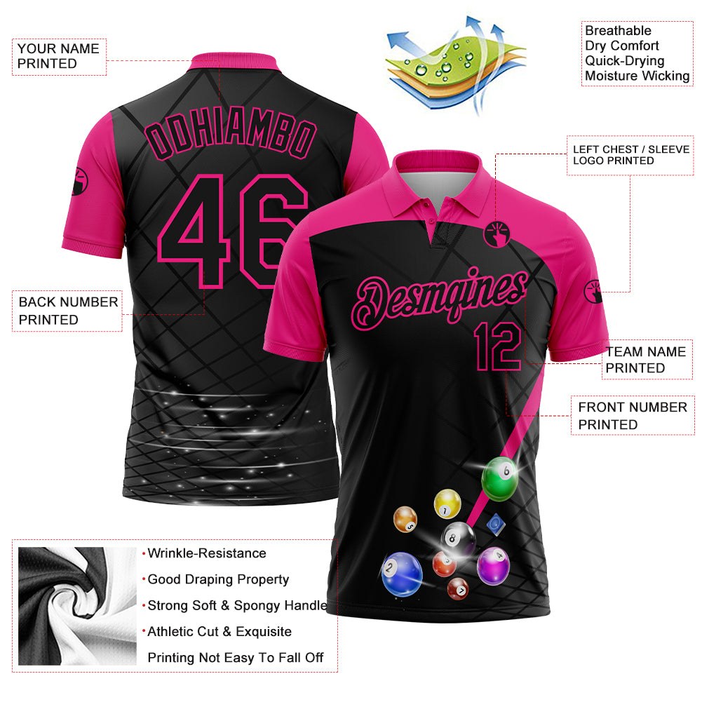 Custom Black Hot Pink 3D Pattern Design Billiards Performance Polo Shirt photo 2