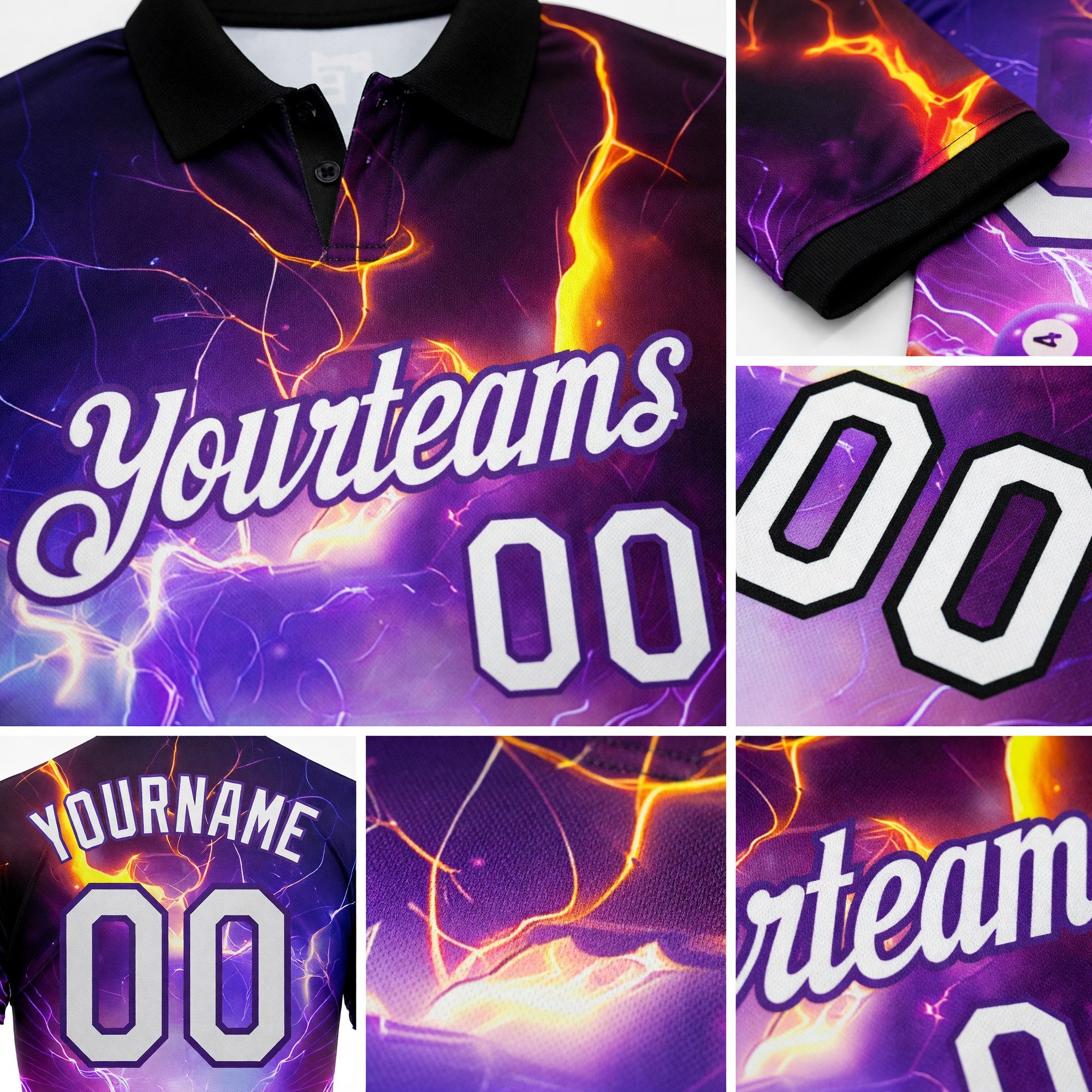 Custom Purple White-Black 3D Pattern Design Billiards Performance Polo Shirt detail