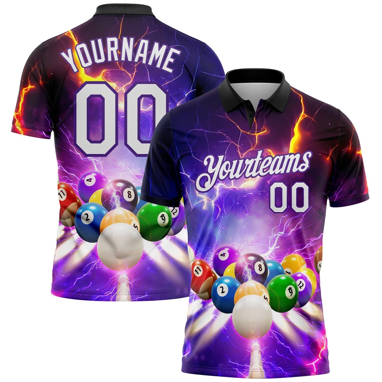 Custom Purple White-Black 3D Pattern Design Billiards Performance Polo Shirt photo 1