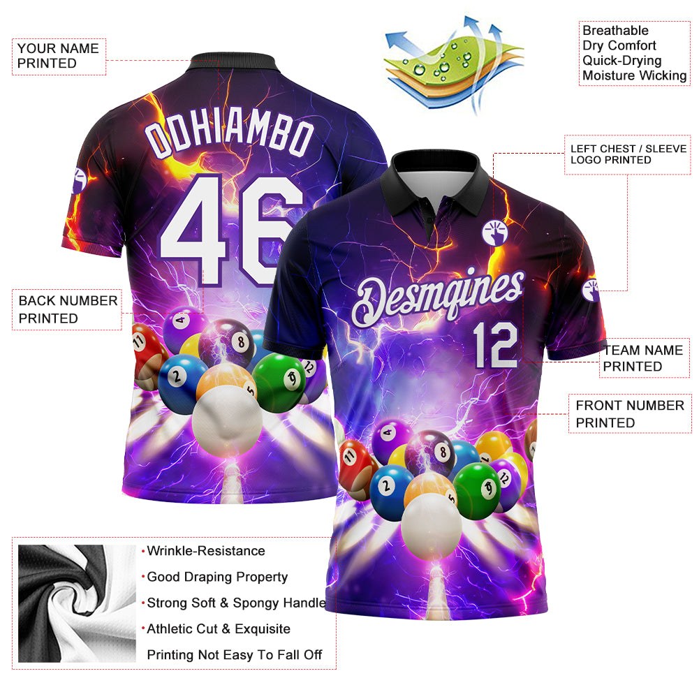 Custom Purple White-Black 3D Pattern Design Billiards Performance Polo Shirt photo 2