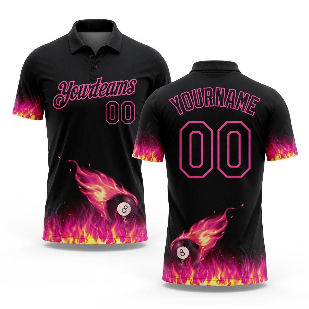 Custom Black Pink 3D Pattern Design Flame Billiards 8 Ball Performance Polo Shirt