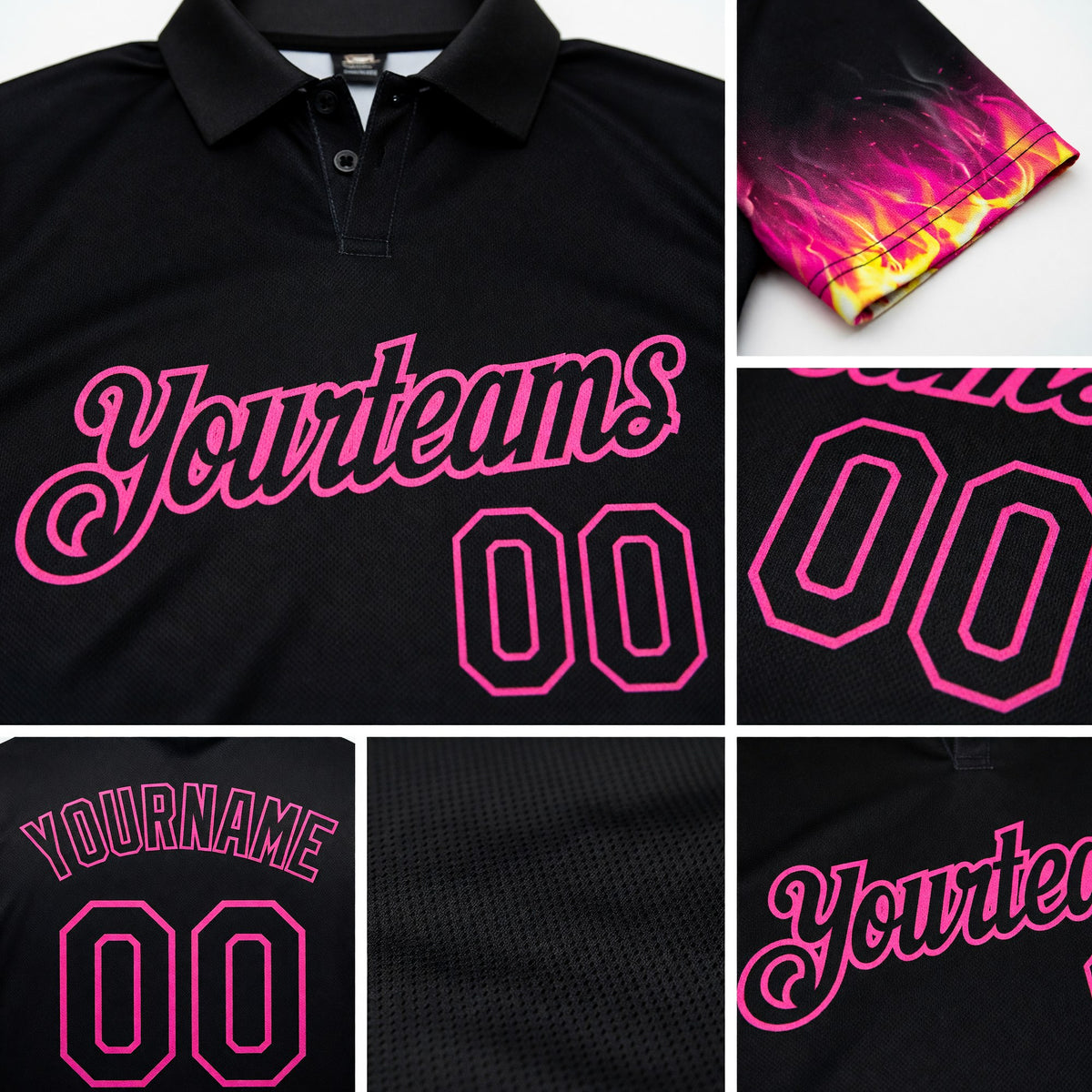 Custom Black Pink 3D Pattern Design Flame Billiards 8 Ball Performance Polo Shirt detail