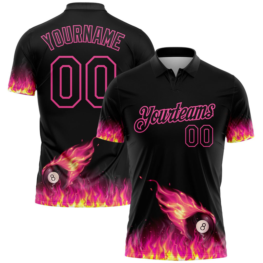 Custom Black Pink 3D Pattern Design Flame Billiards 8 Ball Performance Polo Shirt photo 1