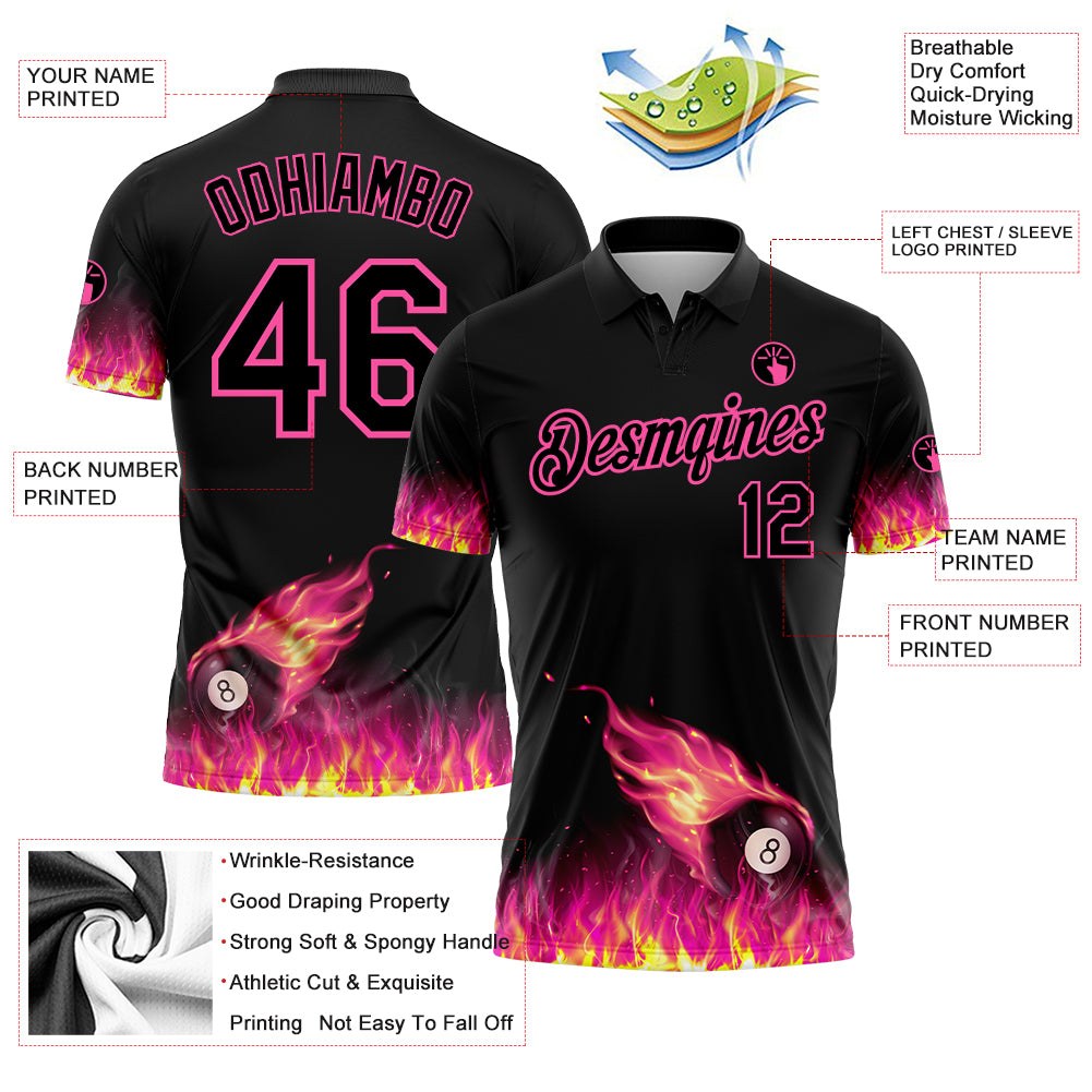 Custom Black Pink 3D Pattern Design Flame Billiards 8 Ball Performance Polo Shirt photo 2