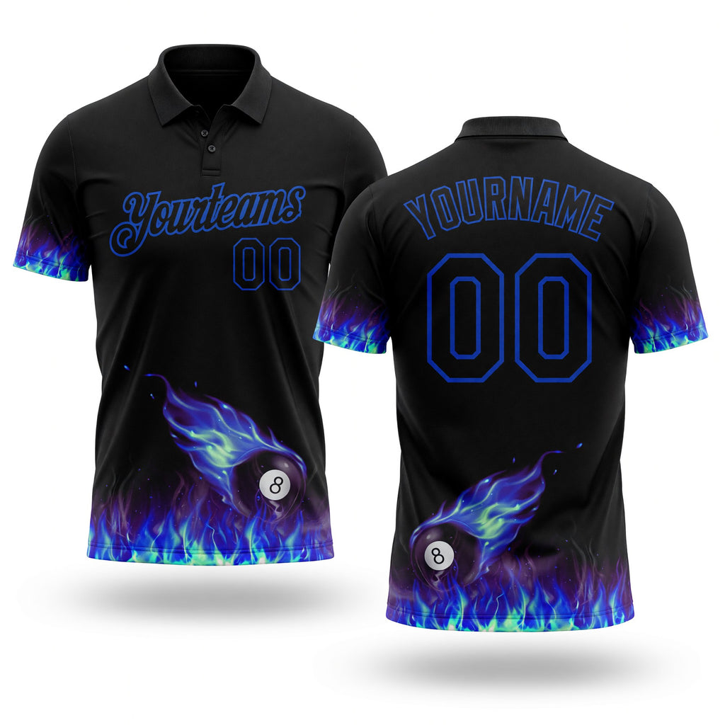 Custom Black Thunder Blue 3D Pattern Design Flame Billiards 8 Ball Performance Polo Shirt