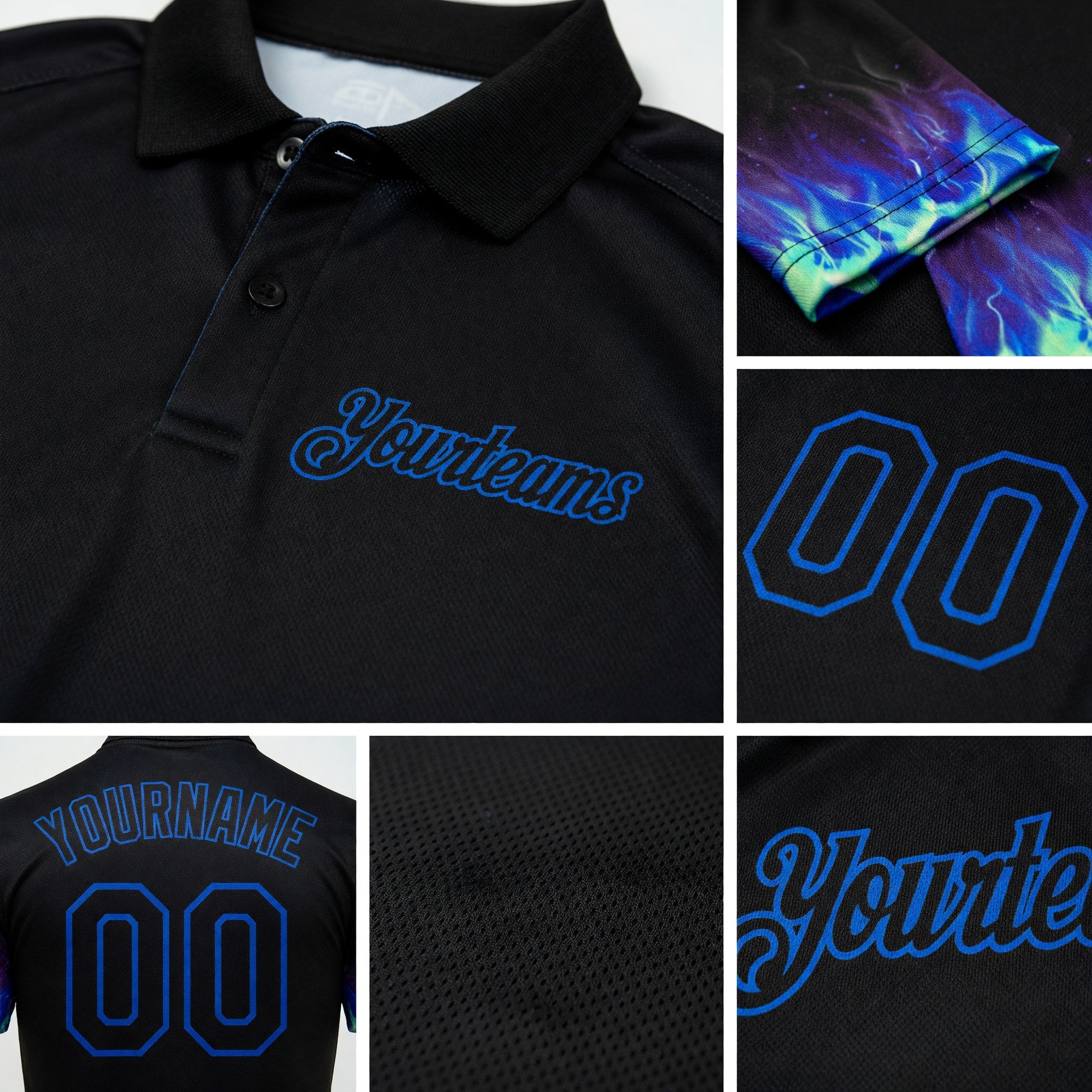 Custom Black Thunder Blue 3D Pattern Design Flame Billiards 8 Ball Performance Polo Shirt detail