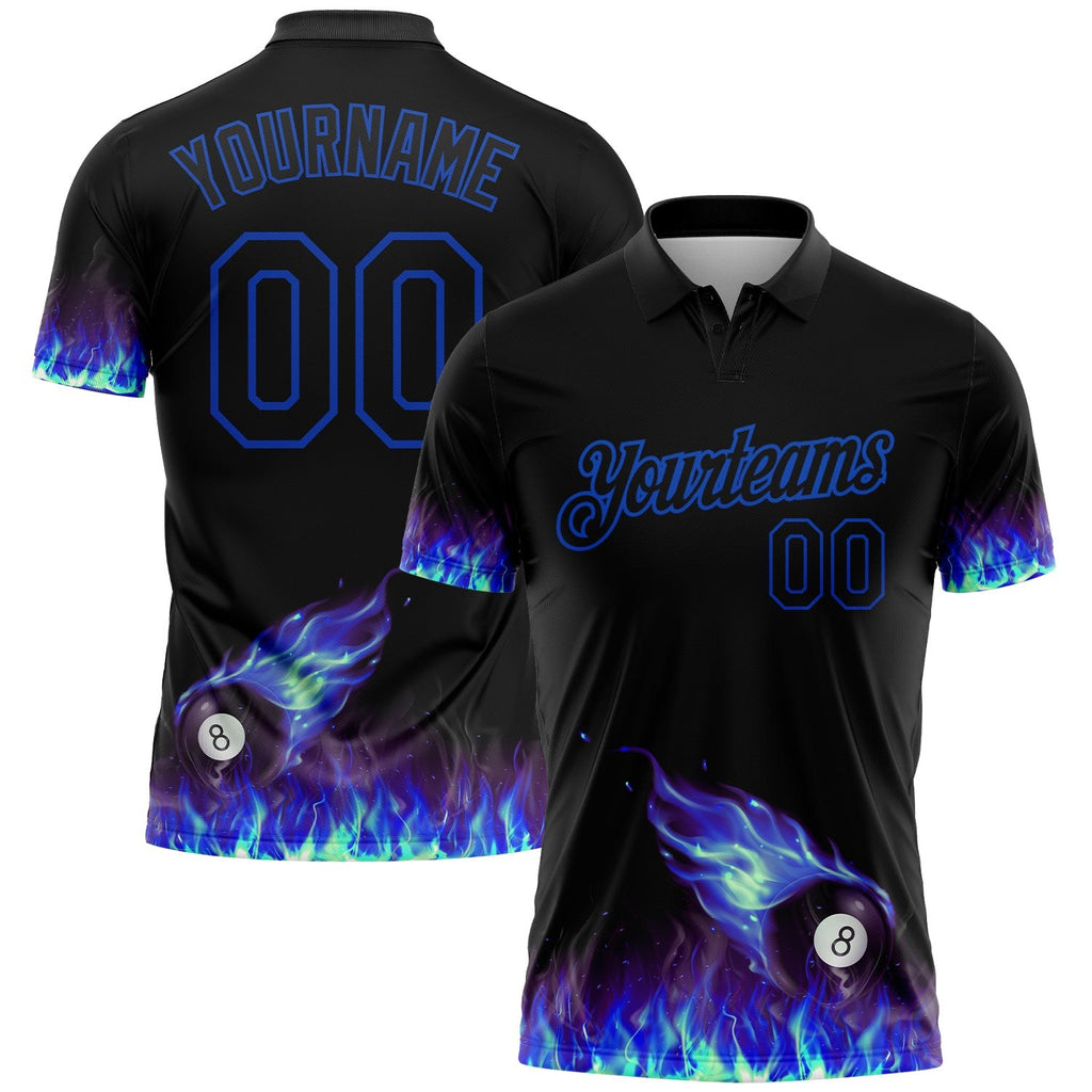 Custom Black Thunder Blue 3D Pattern Design Flame Billiards 8 Ball Performance Polo Shirt photo 1