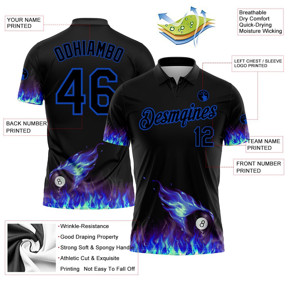 Custom Black Thunder Blue 3D Pattern Design Flame Billiards 8 Ball Performance Polo Shirt photo 2