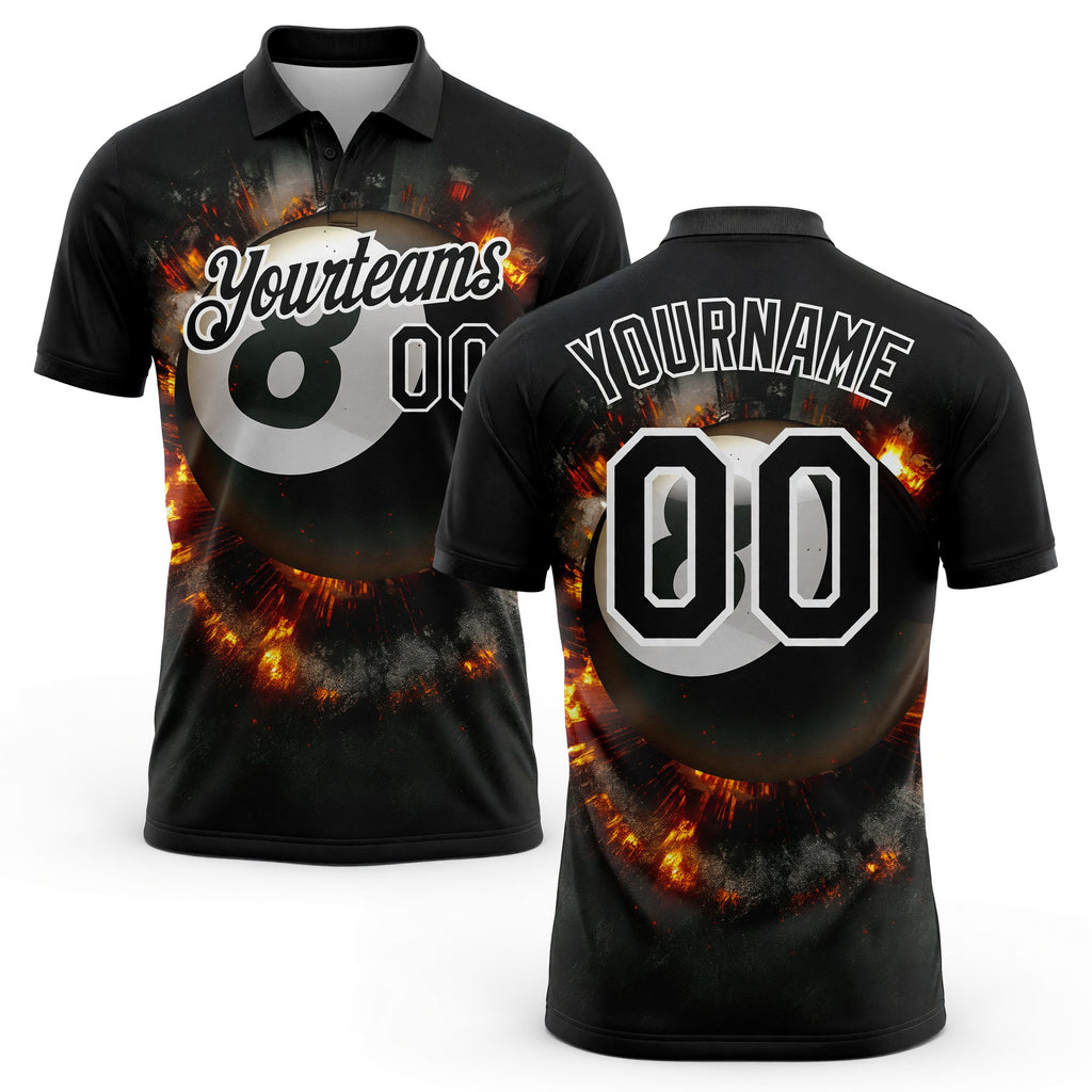 Custom Black White 3D Pattern Design Flame Billiards 8 Ball Performance Polo Shirt