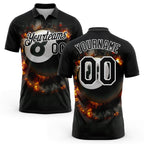 Custom Black White 3D Pattern Design Flame Billiards 8 Ball Performance Polo Shirt