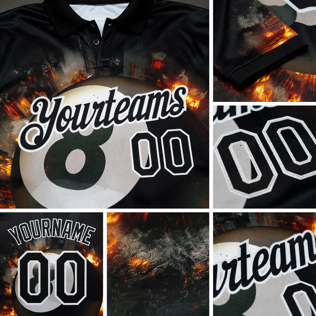 Custom Black White 3D Pattern Design Flame Billiards 8 Ball Performance Polo Shirt detail