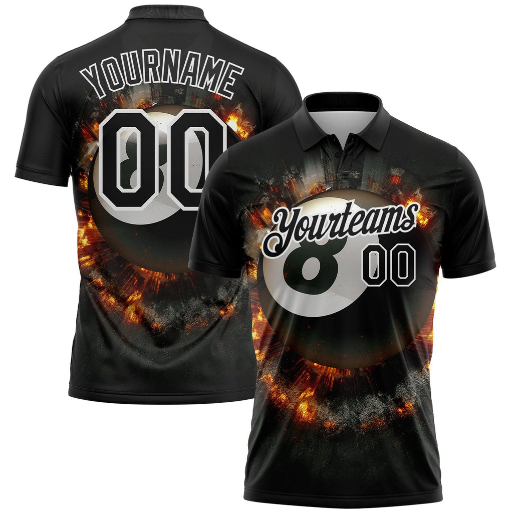 Custom Black White 3D Pattern Design Flame Billiards 8 Ball Performance Polo Shirt photo 1