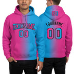 Custom Stitched Light Blue Pink-Black Gradient Fashion Sports Pullover Sweatshirt Hoodie worn front and back