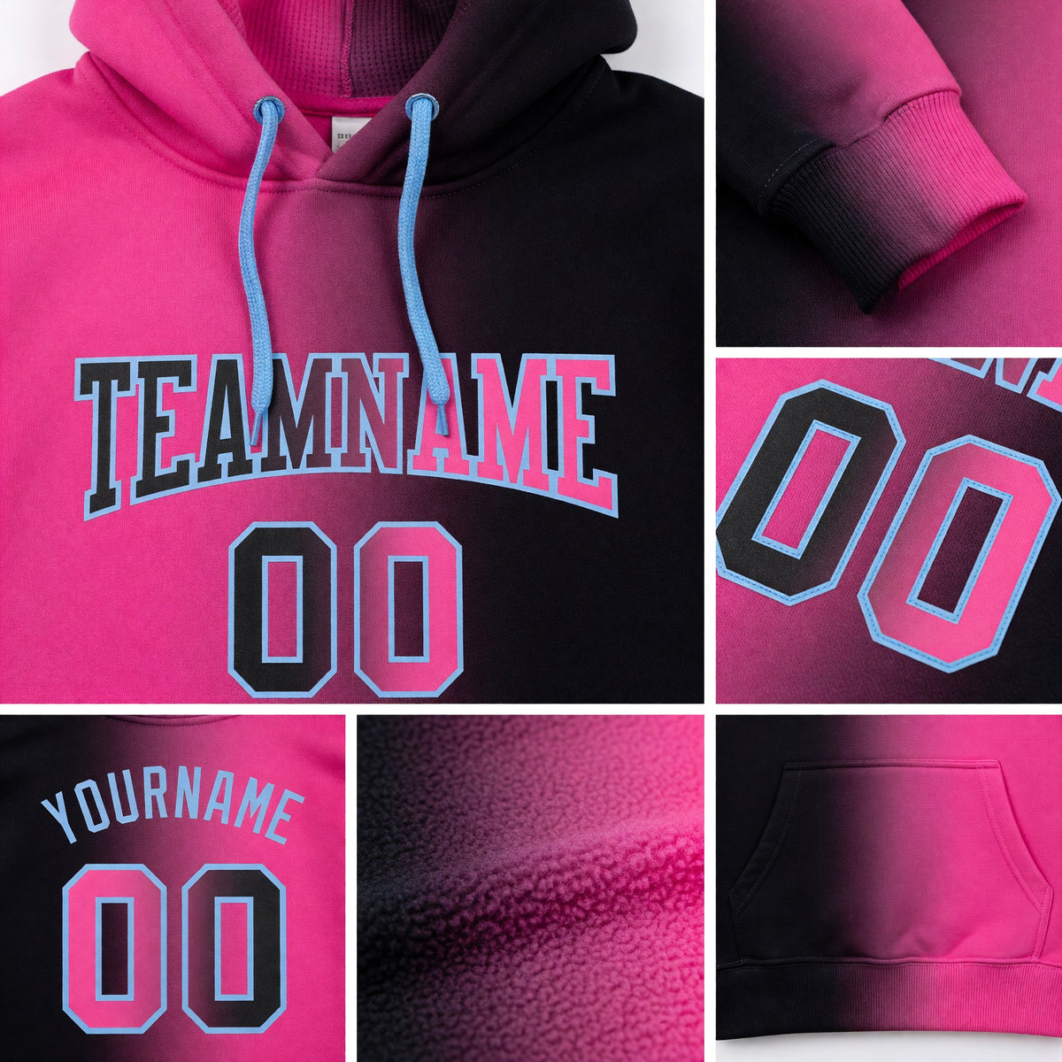 Custom Stitched Black Pink-Light Blue Gradient Fashion Sports Pullover Sweatshirt Hoodie detail