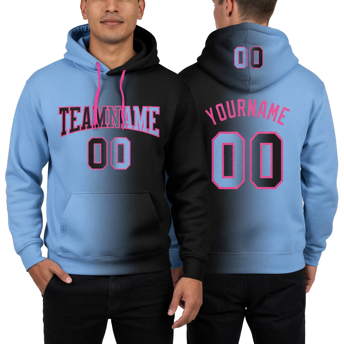 Custom Stitched Black Light Blue-Pink Gradient Fashion Sports Pullover Sweatshirt Hoodie worn front and back