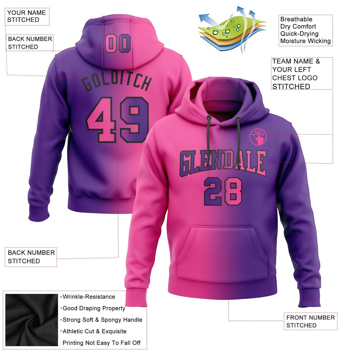 Custom Stitched Purple Pink-Black Gradient Fashion Sports Pullover Sweatshirt Hoodie photo 2