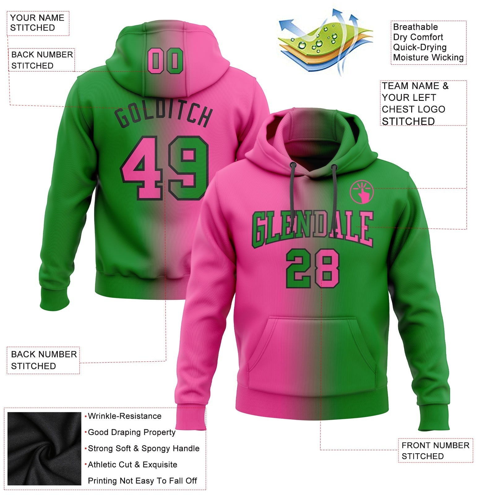 Custom Stitched Grass Green Pink-Black Gradient Fashion Sports Pullover Sweatshirt Hoodie photo 2