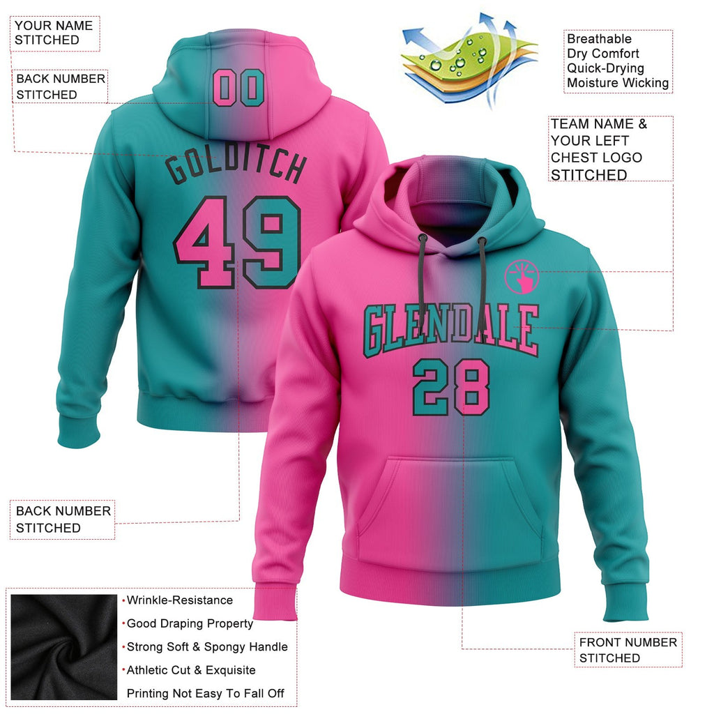 Custom Stitched Teal Pink-Black Gradient Fashion Sports Pullover Sweatshirt Hoodie photo 2
