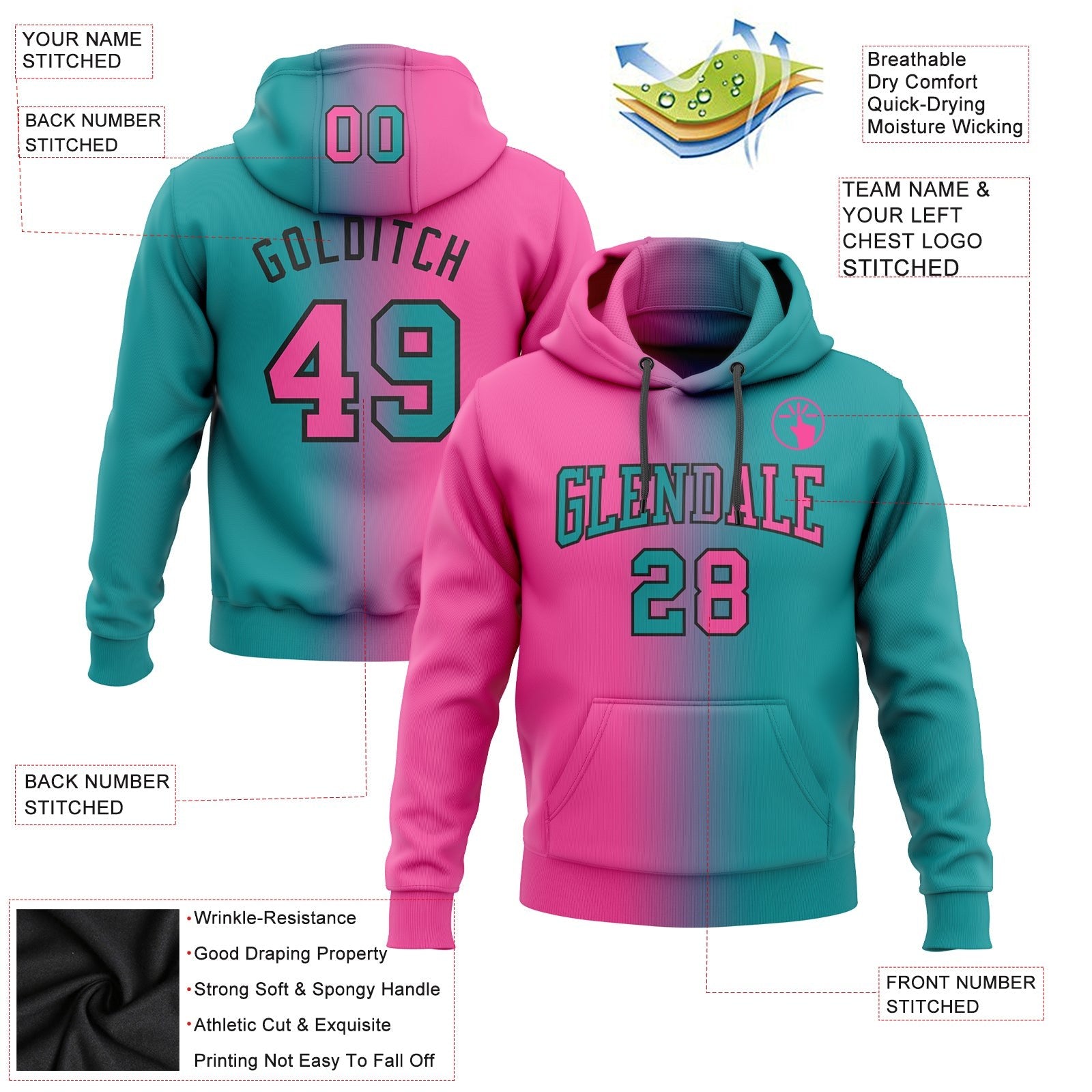 Custom Stitched Teal Pink-Black Gradient Fashion Sports Pullover Sweatshirt Hoodie photo 2
