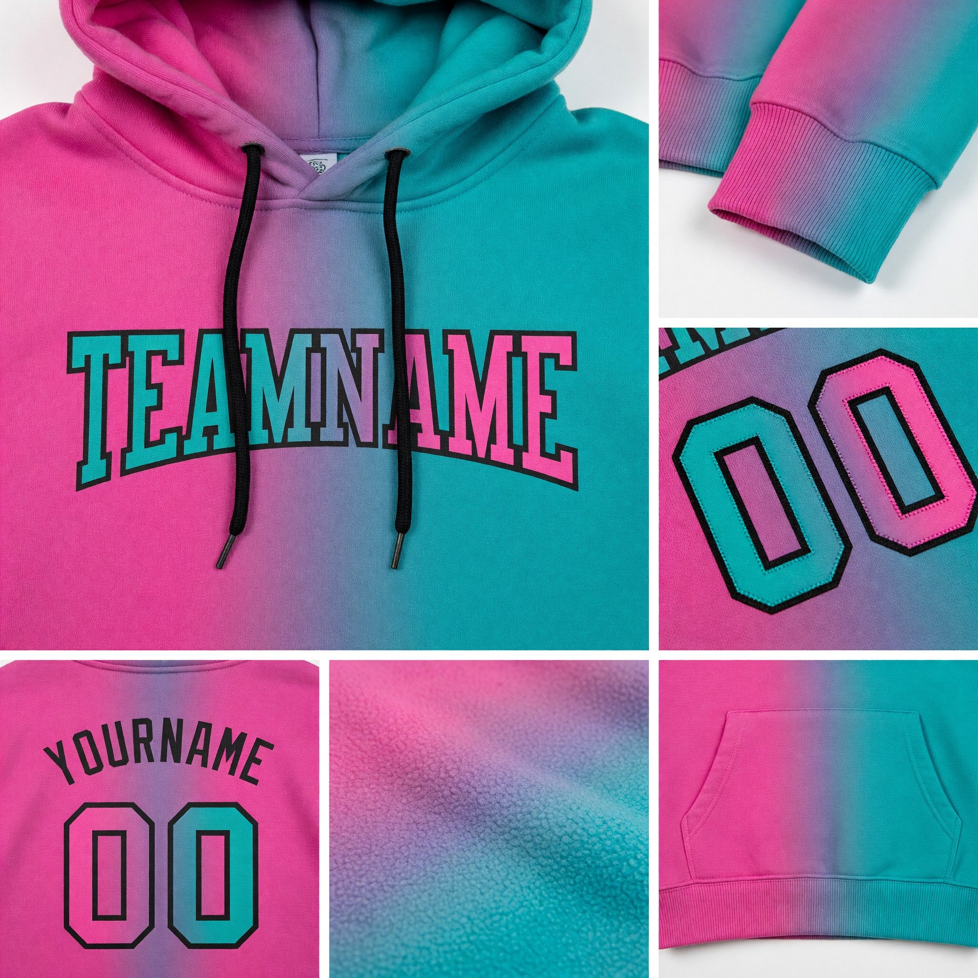 Custom Stitched Aqua Pink-Black Gradient Fashion Sports Pullover Sweatshirt Hoodie detail