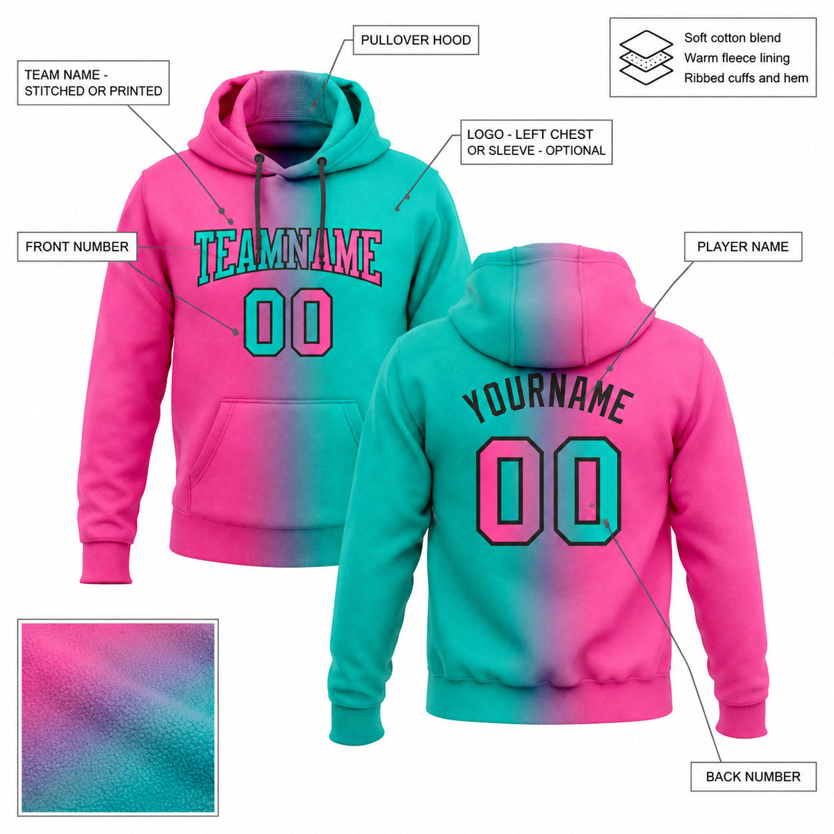Custom Aqua Gradient Pullover Hoodie with Pink and Black Lettering customization guide