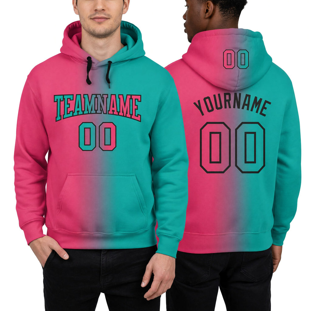 Custom Stitched Aqua Neon Pink-Black Gradient Fashion Sports Pullover Sweatshirt Hoodie worn front and back