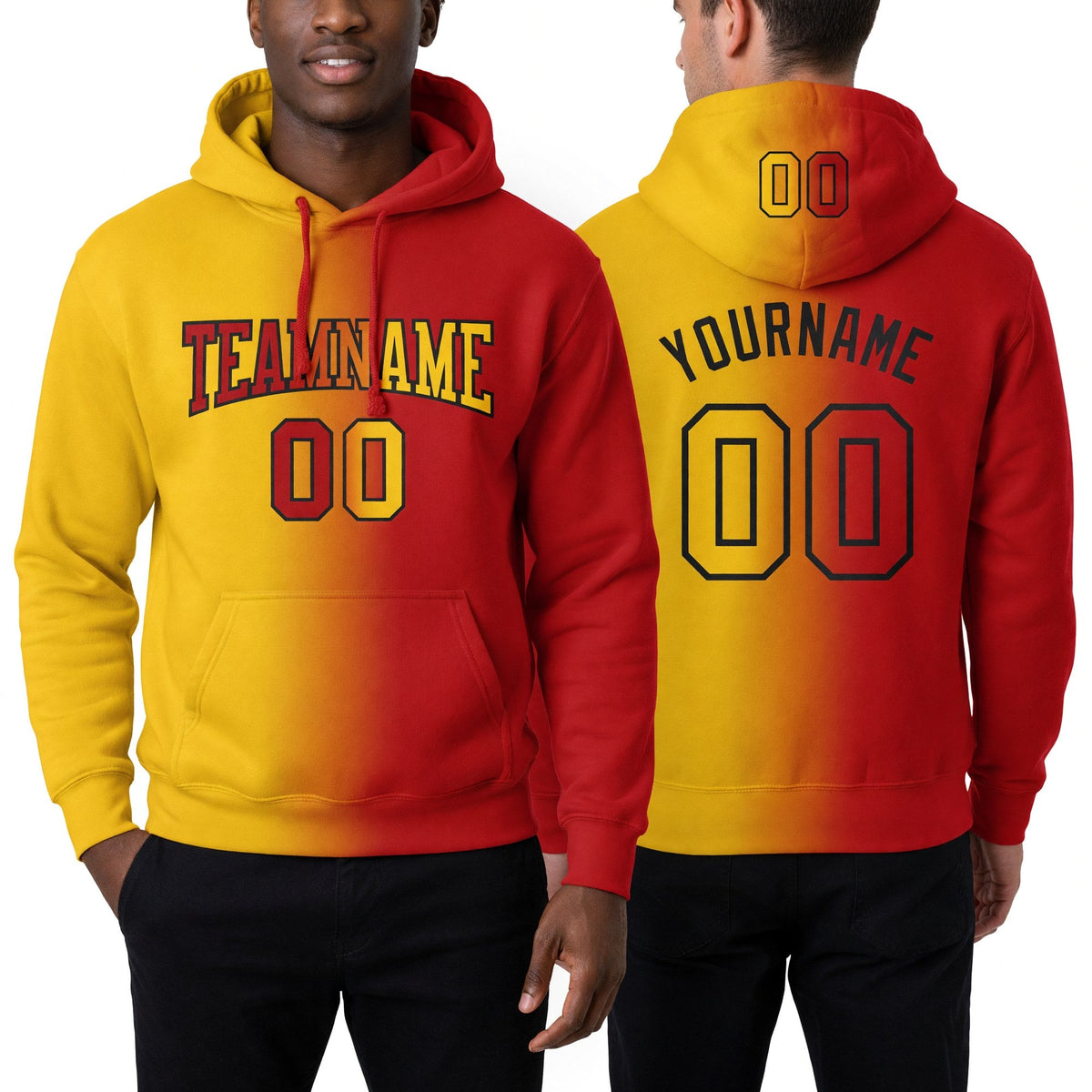 Custom Stitched Red Yellow-Black Gradient Fashion Sports Pullover Sweatshirt Hoodie worn front and back