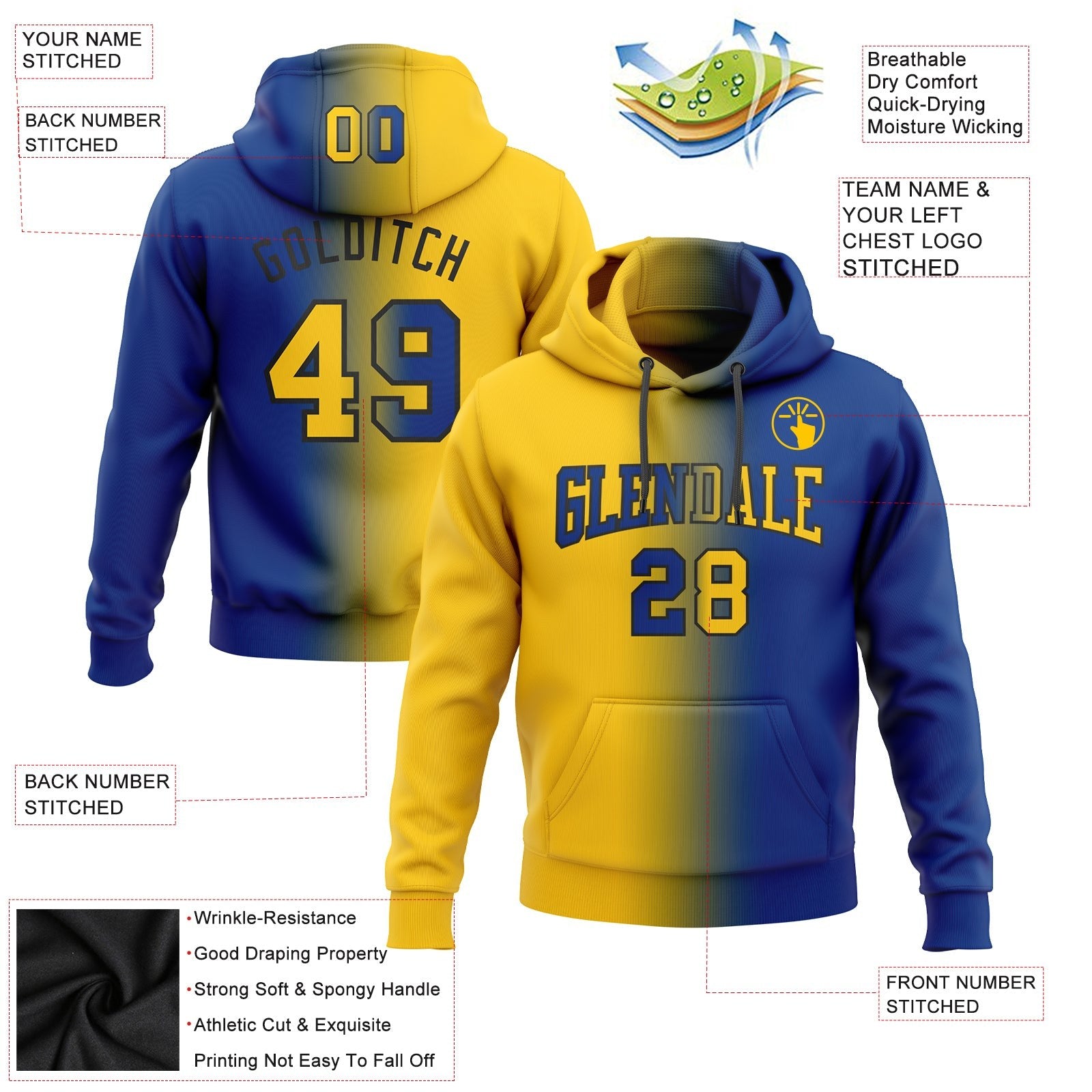 Custom Stitched Royal Yellow-Black Gradient Fashion Sports Pullover Sweatshirt Hoodie photo 2