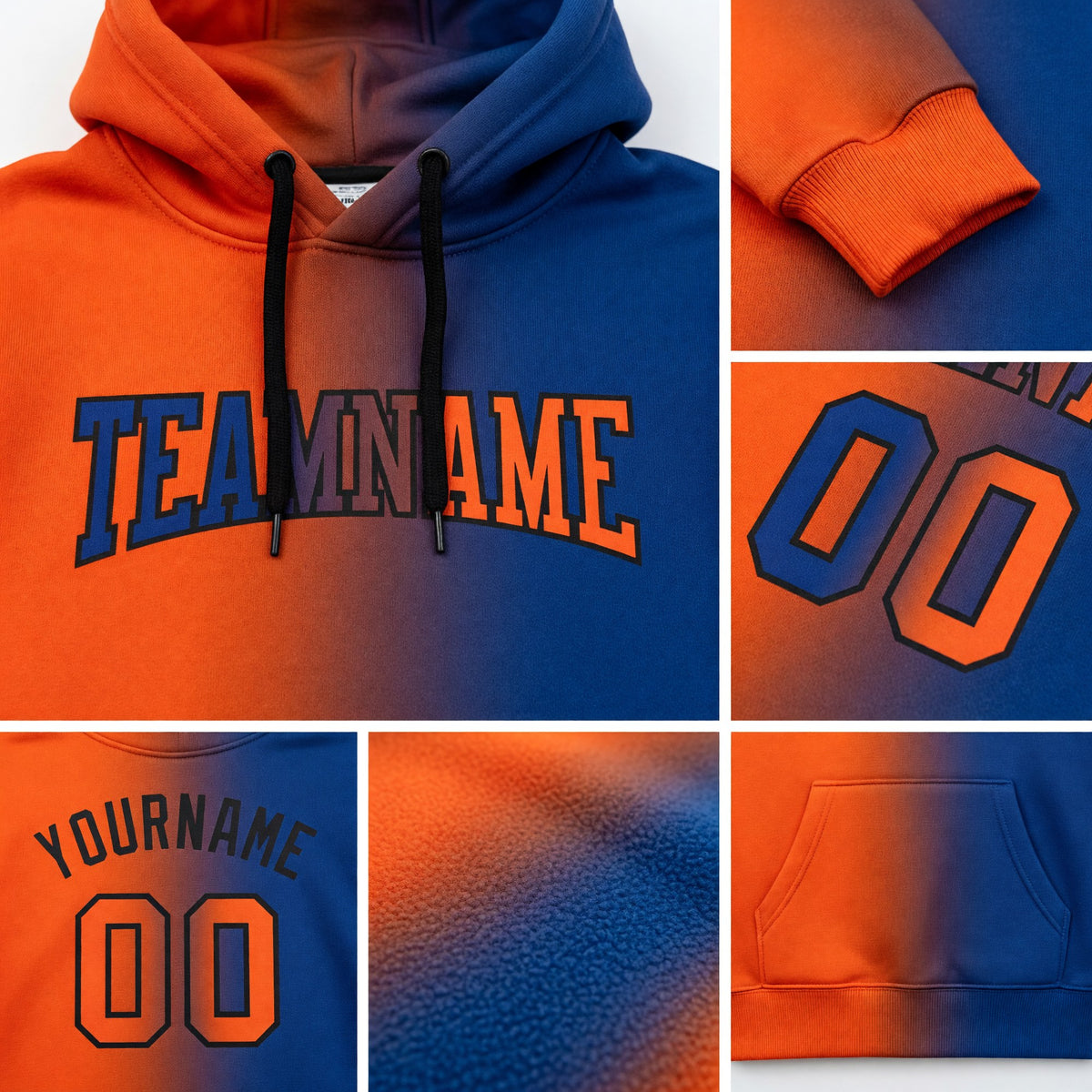 Custom Stitched Royal Orange-Black Gradient Fashion Sports Pullover Sweatshirt Hoodie detail