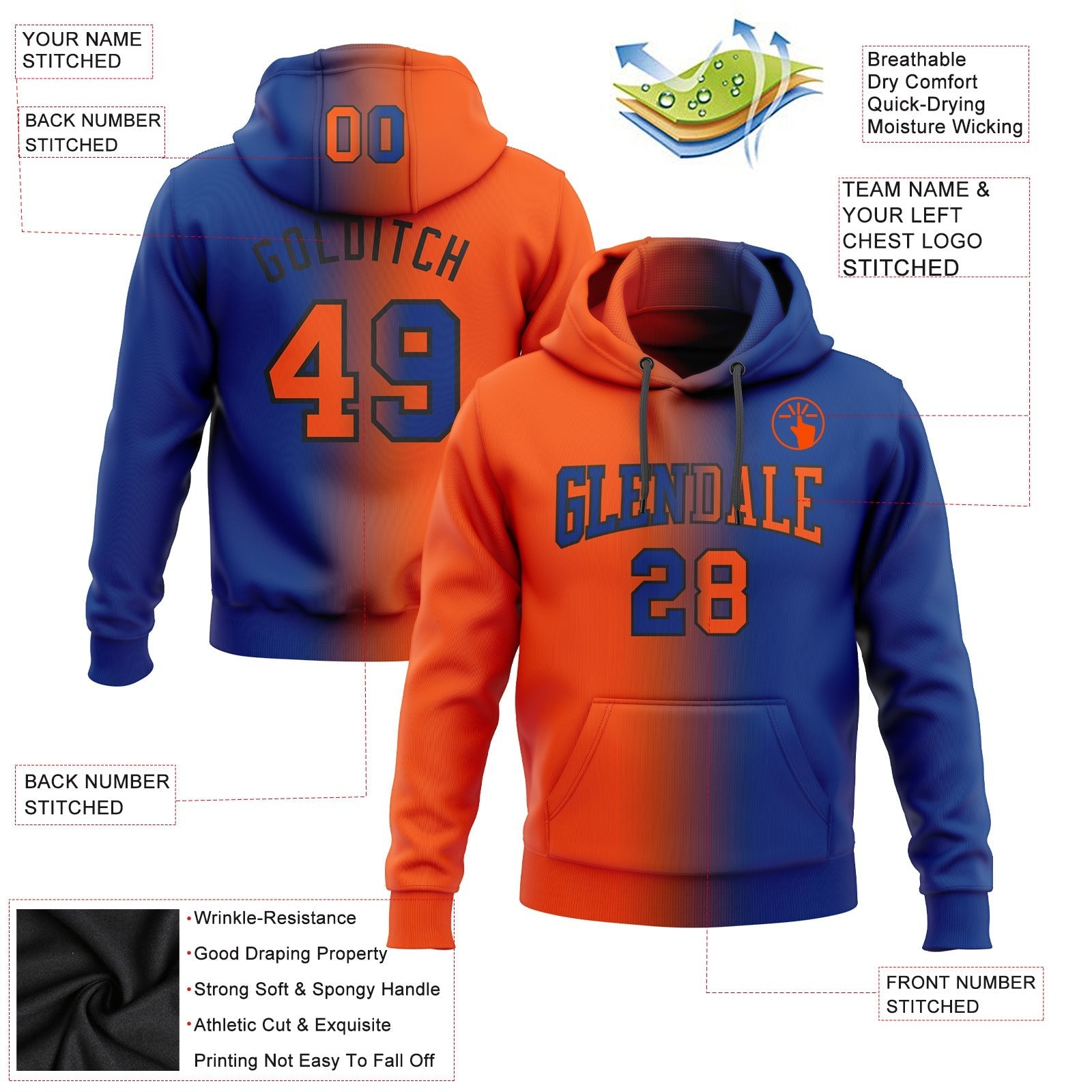 Custom Stitched Royal Orange-Black Gradient Fashion Sports Pullover Sweatshirt Hoodie photo 2