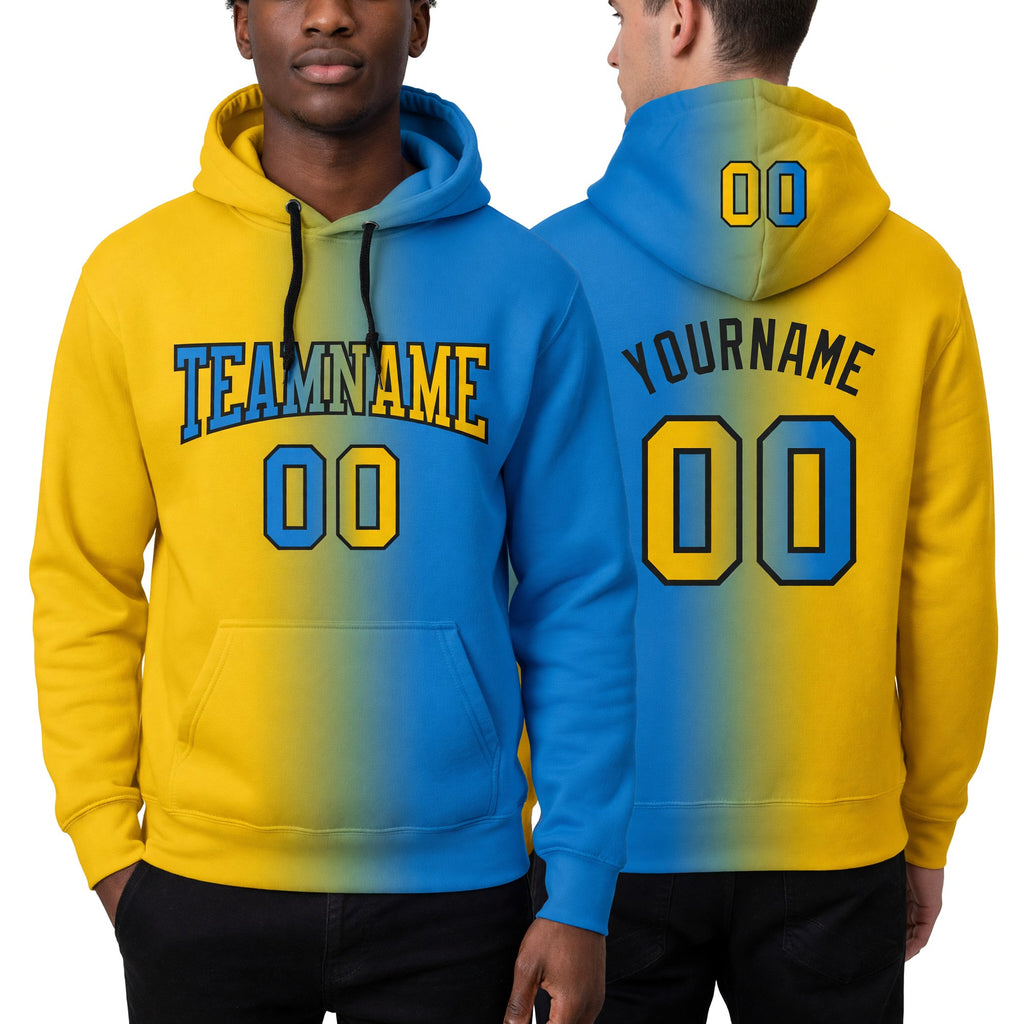 Custom Stitched Powder Blue Yellow-Black Gradient Fashion Sports Pullover Sweatshirt Hoodie worn front and back